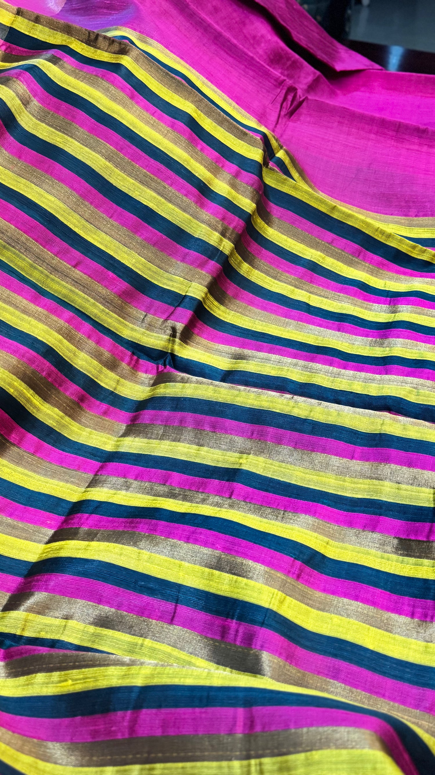 Magenta Bhagalpuri Raw Silk Saree with Gold and Black Border