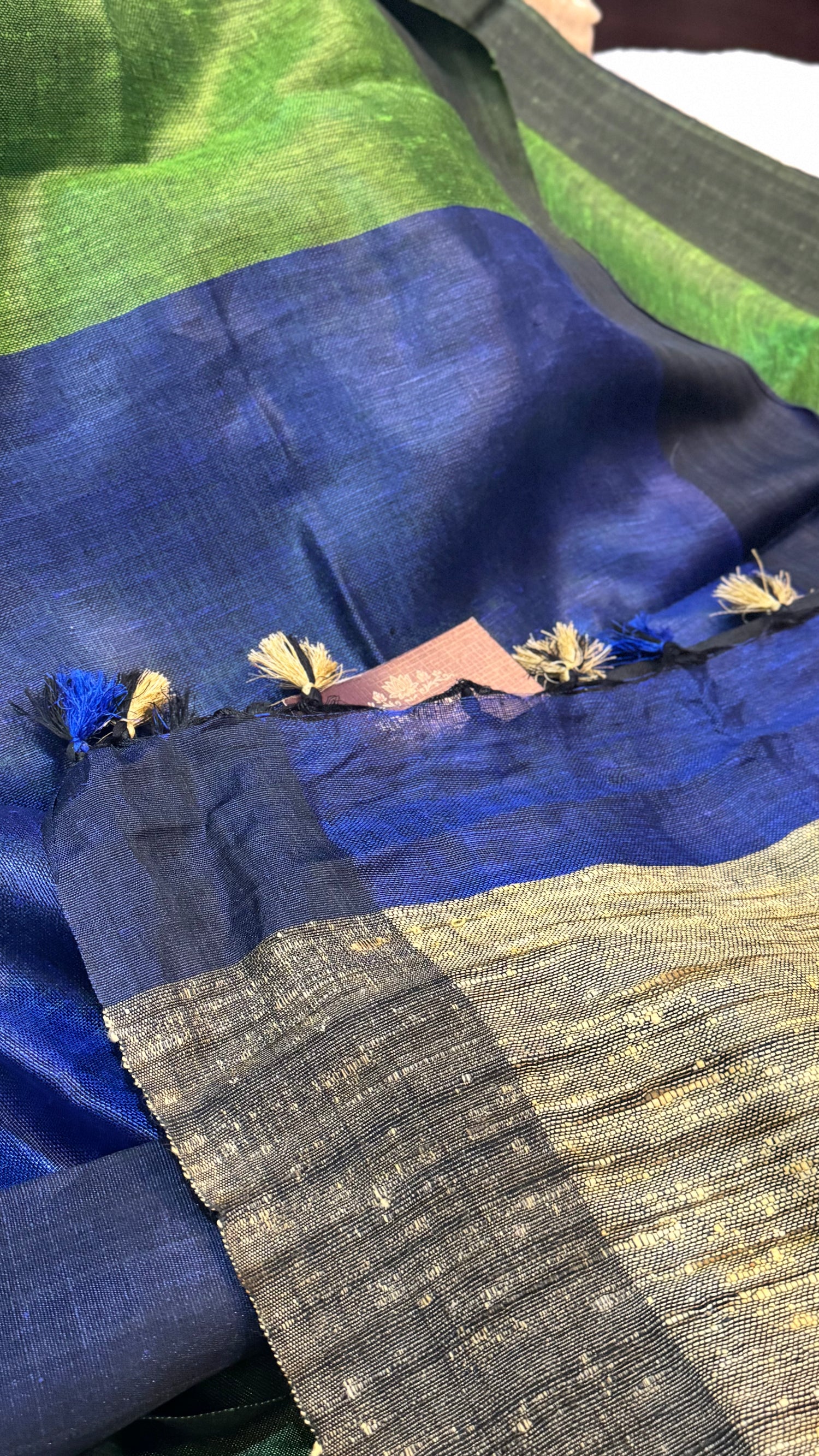 Green and Jade Blue Linen Saree with Khaki Pallu and Black Border