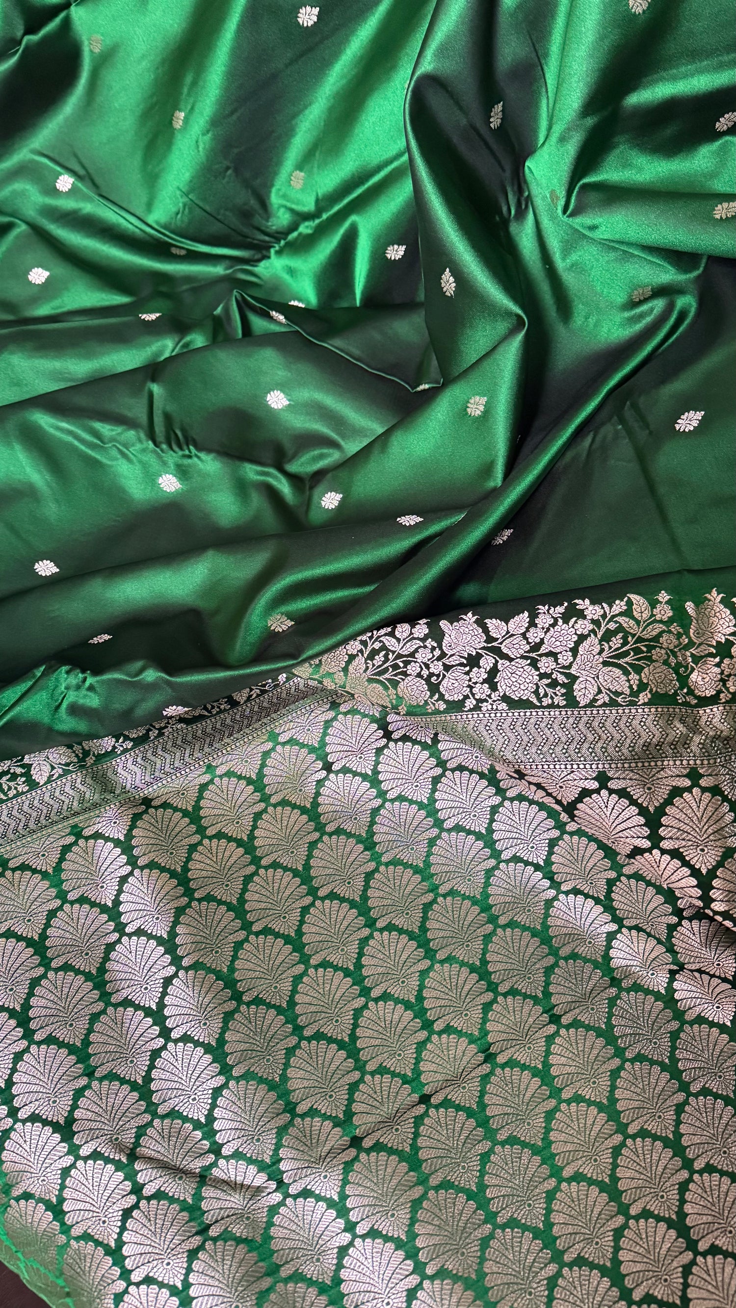 Bottle Green Pure Mashru Satin Silver Zari Saree