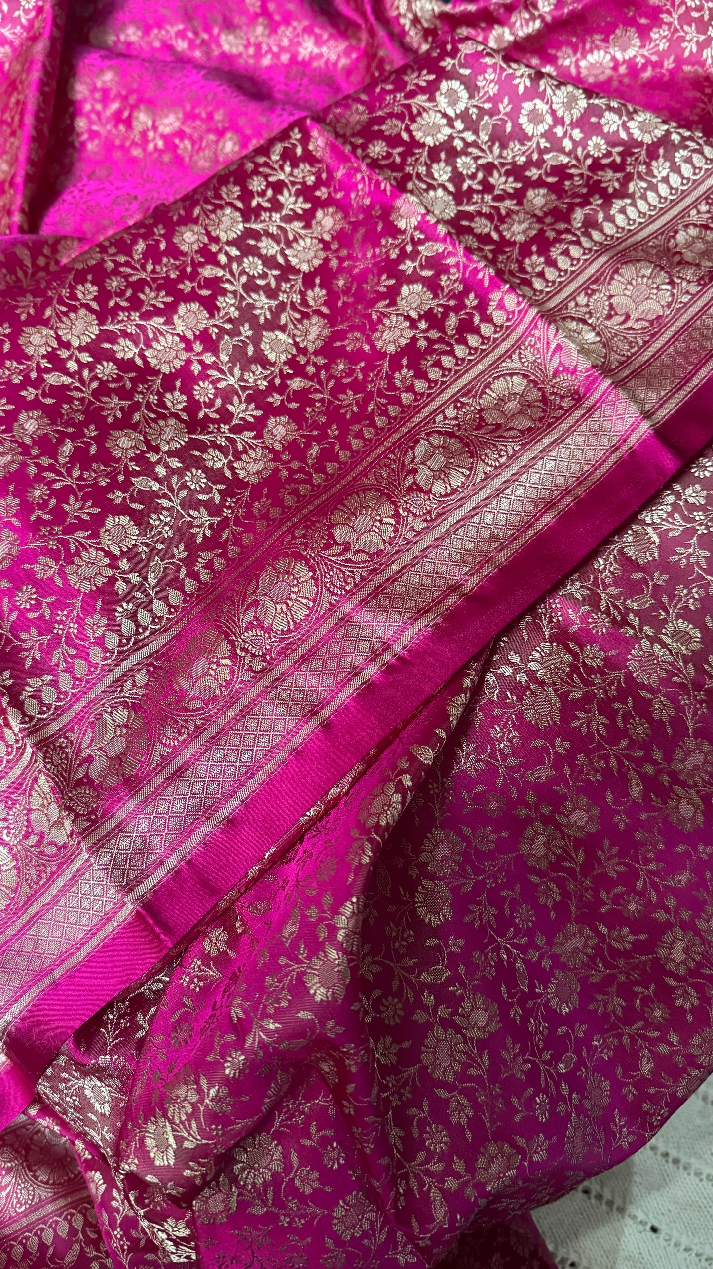 Rani Pink Satin Banarasi Saree with Full Tanchoi Style Resham Weaving