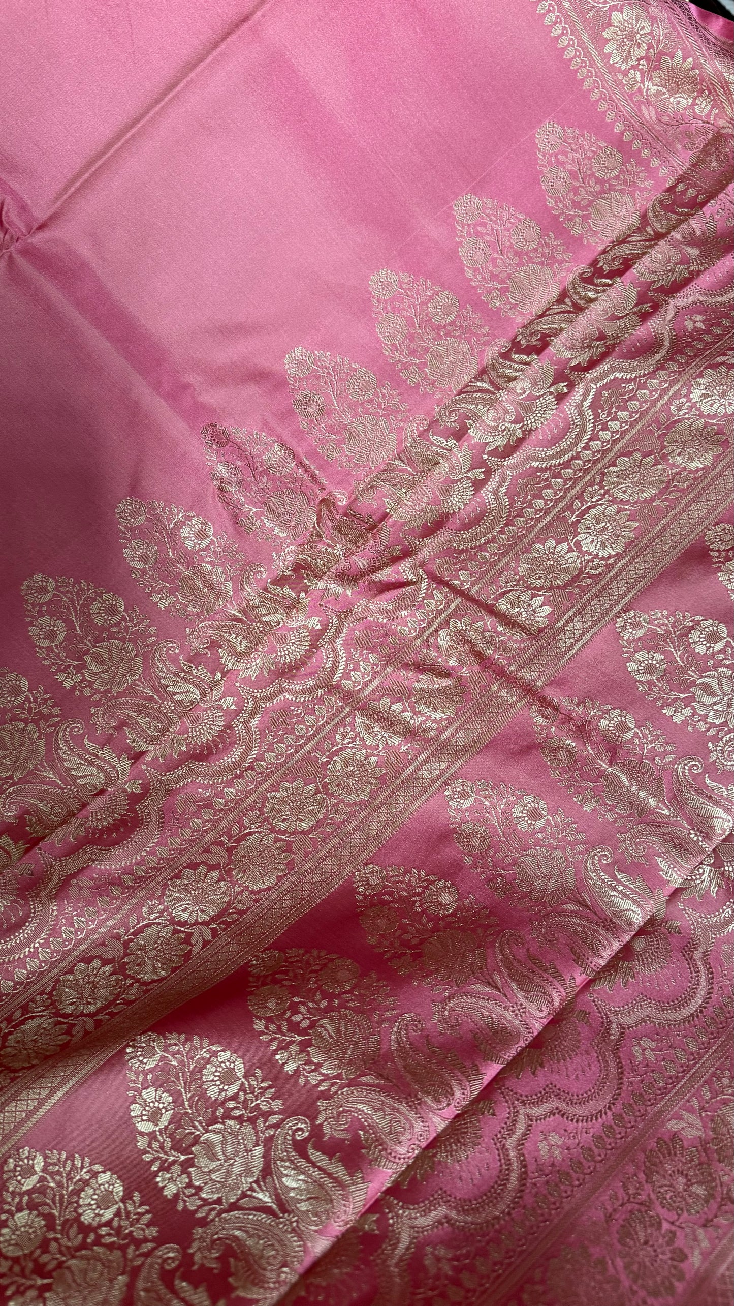 Baby Pink Pure Satin Banarasi Saree with Resham Weaving and Woven Border