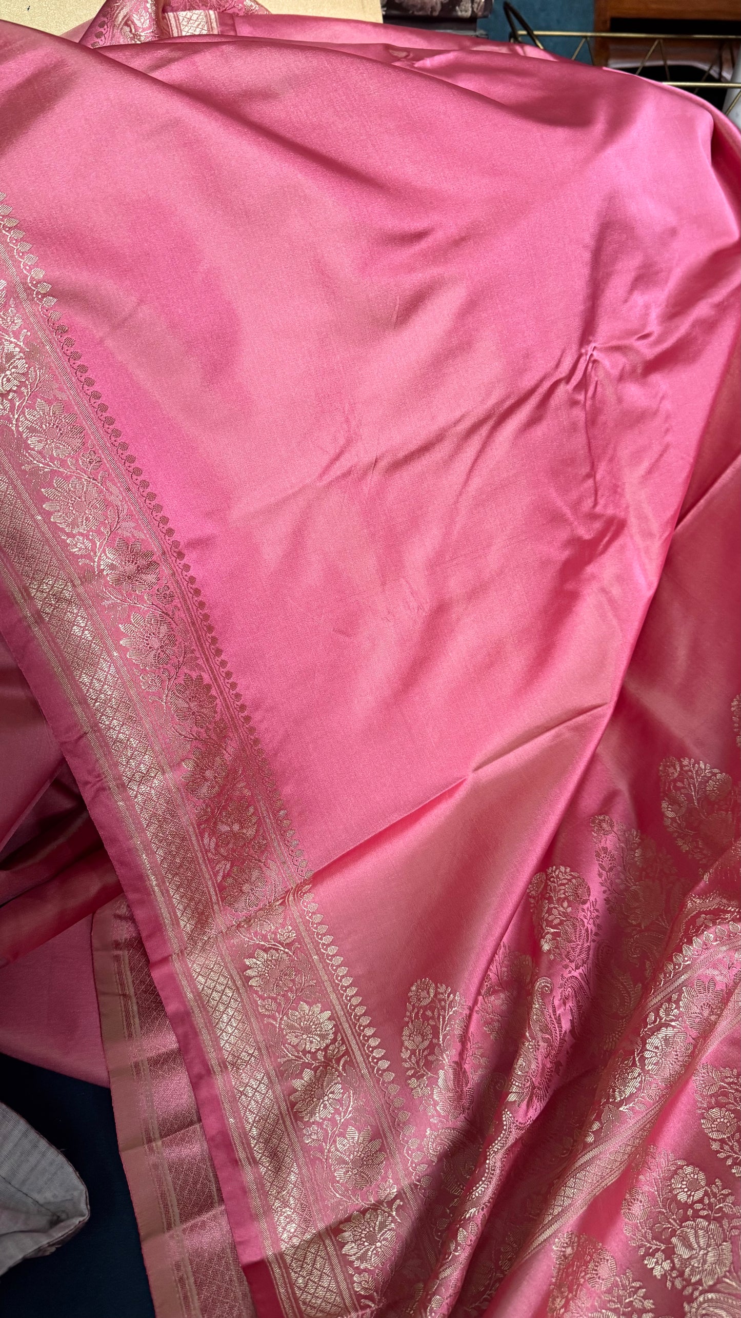 Baby Pink Pure Satin Banarasi Saree with Resham Weaving and Woven Border