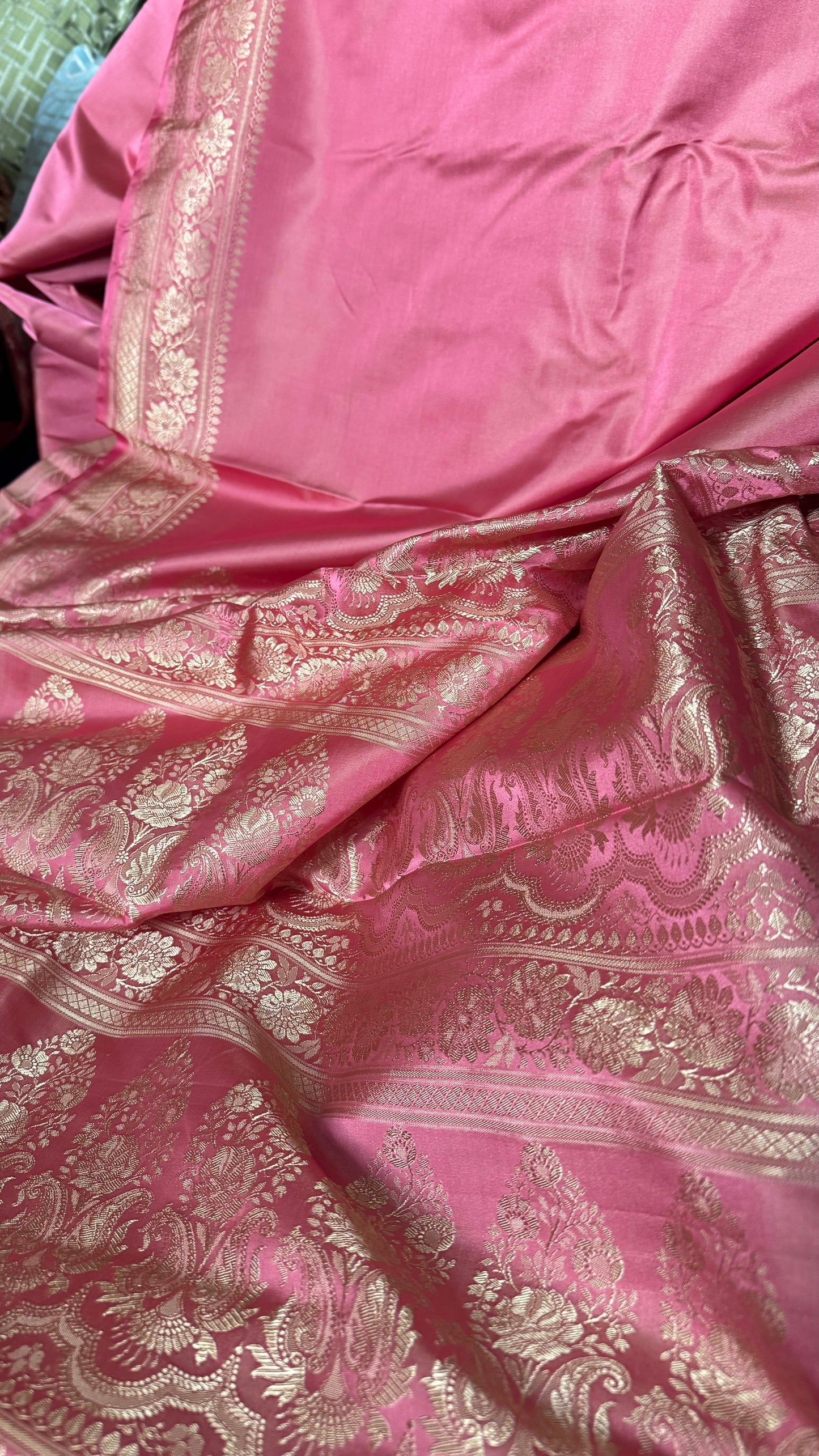 Baby Pink Pure Satin Banarasi Saree with Resham Weaving and Woven Border