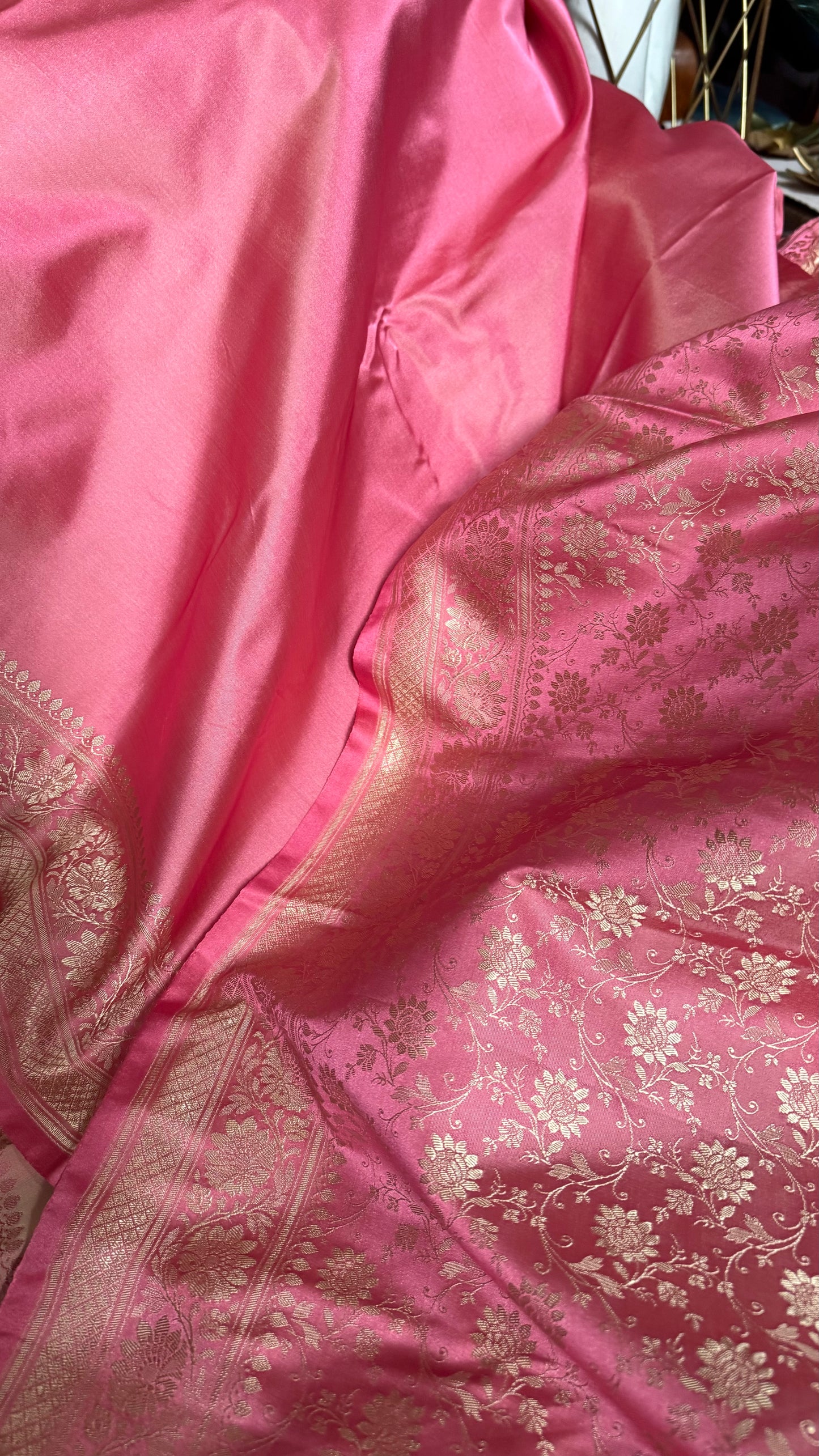 Baby Pink Pure Satin Banarasi Saree with Resham Weaving and Woven Border