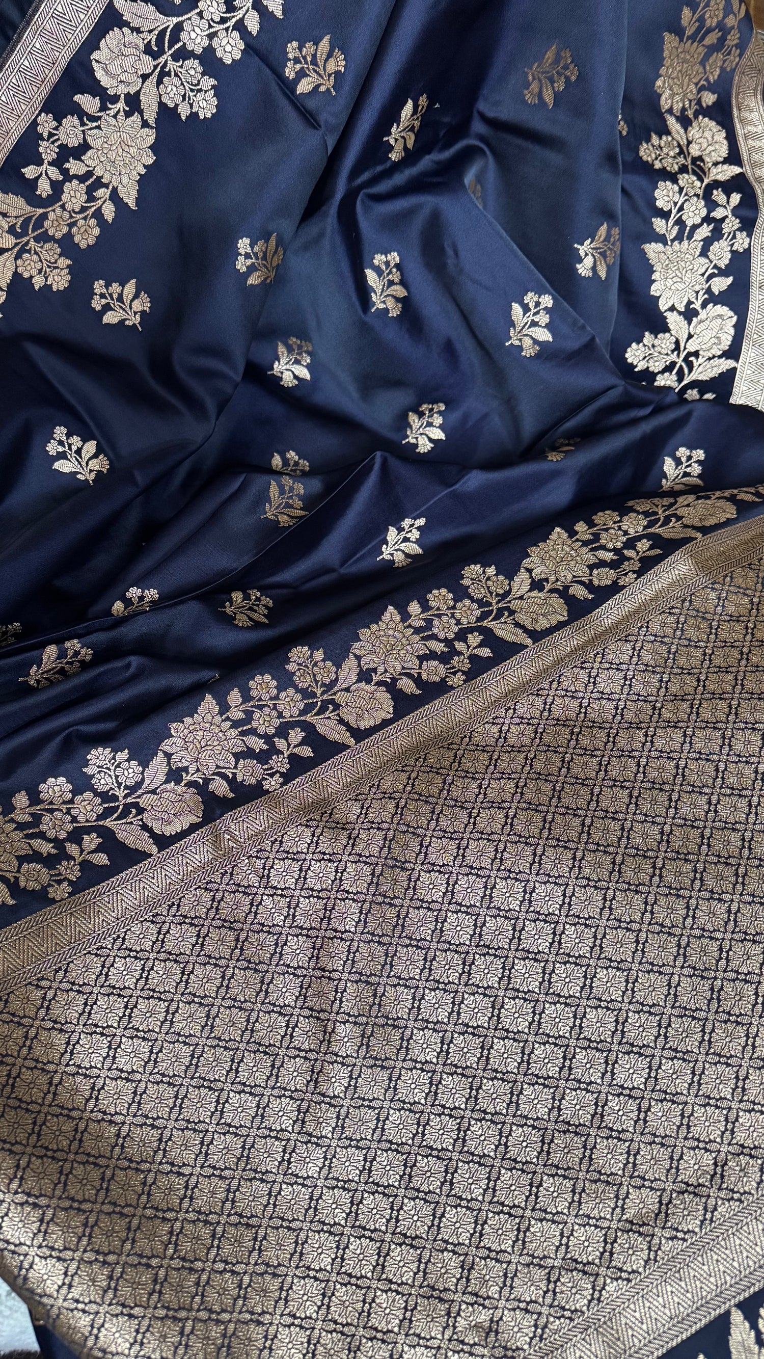 Navy Blue Mashru Katan Banarasi Saree with Rose Gold Zari and Leaf Motifs