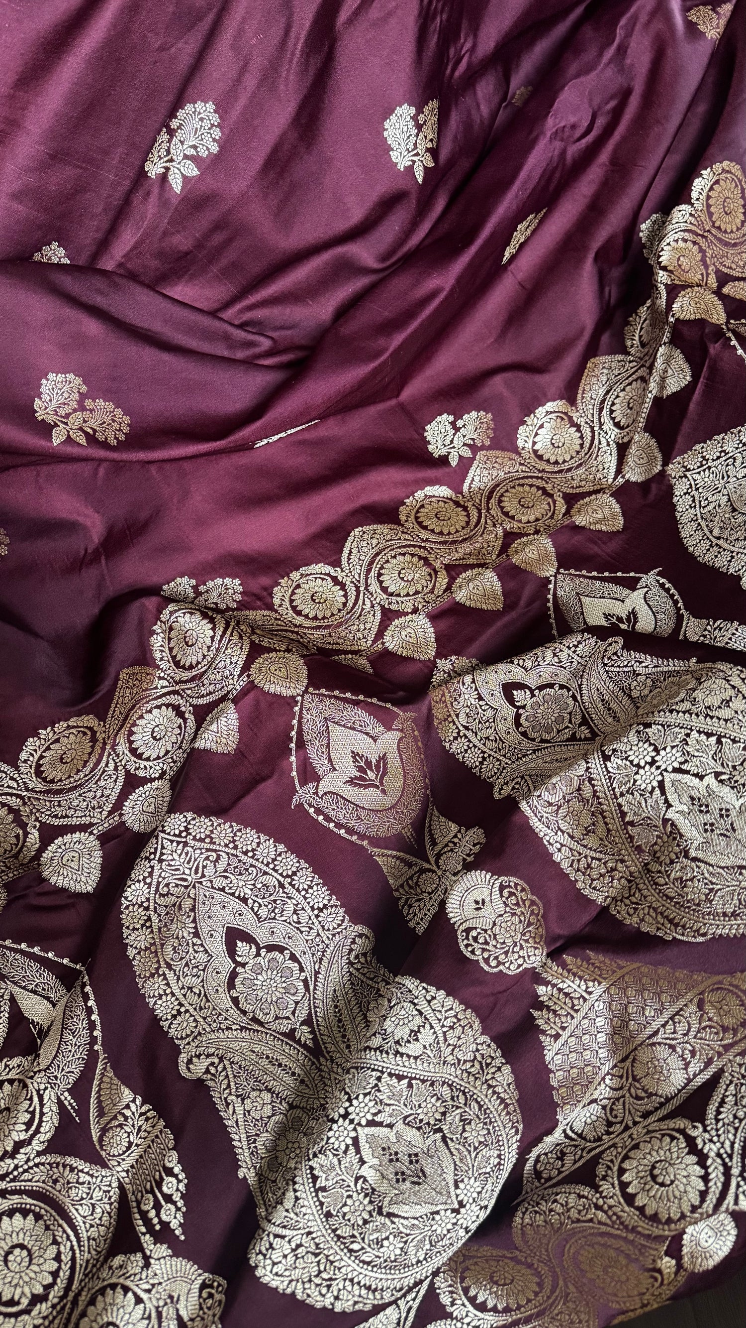Wine Pure Mashru Katan Zari Banarasi Saree with Rose Gold Zari