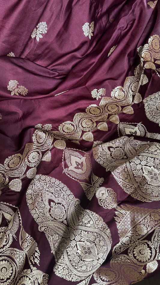 Wine Pure Mashru Katan Zari Banarasi Saree with Rose Gold Zari