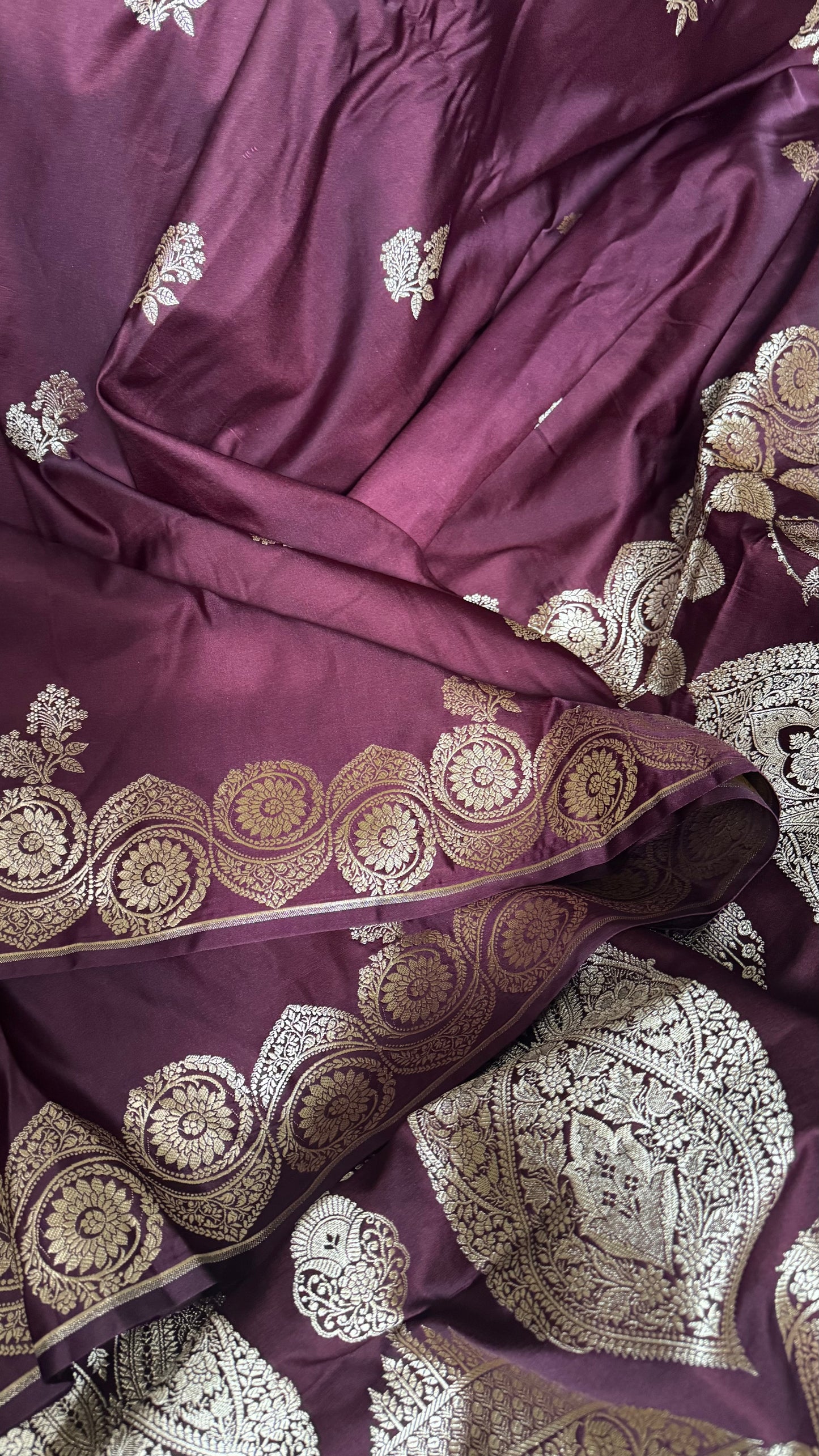 Wine Pure Mashru Katan Zari Banarasi Saree with Rose Gold Zari