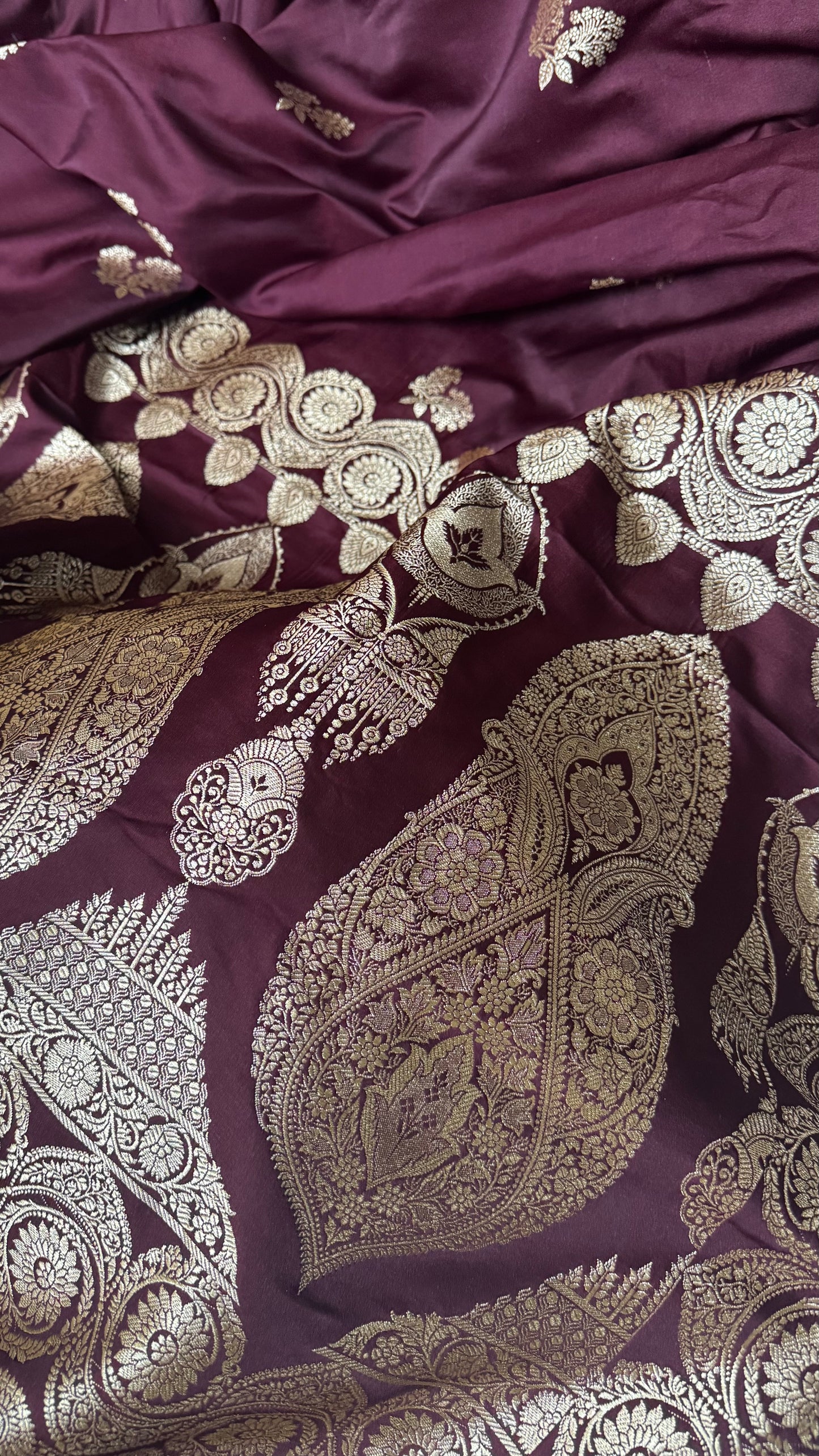 Wine Pure Mashru Katan Zari Banarasi Saree with Rose Gold Zari