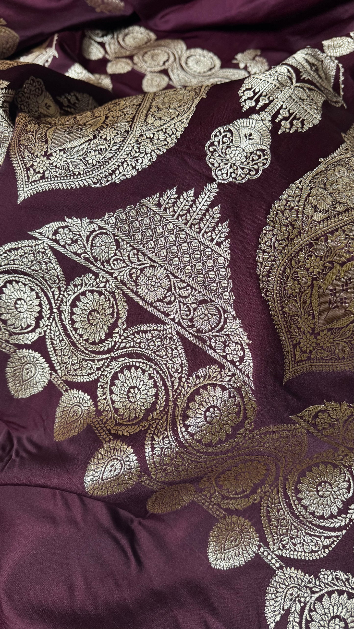 Wine Pure Mashru Katan Zari Banarasi Saree with Rose Gold Zari
