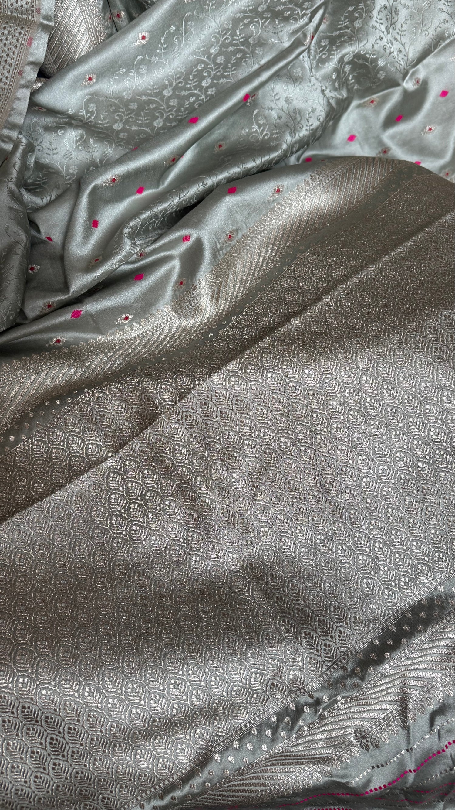 Powder Blue Satin Mashru Banarasi Saree with Silver Zari and Magenta Meena