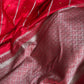 Bright Red Satin Mashru Banarasi Saree with Silver Zari Aada Stripes and Meena Detailing