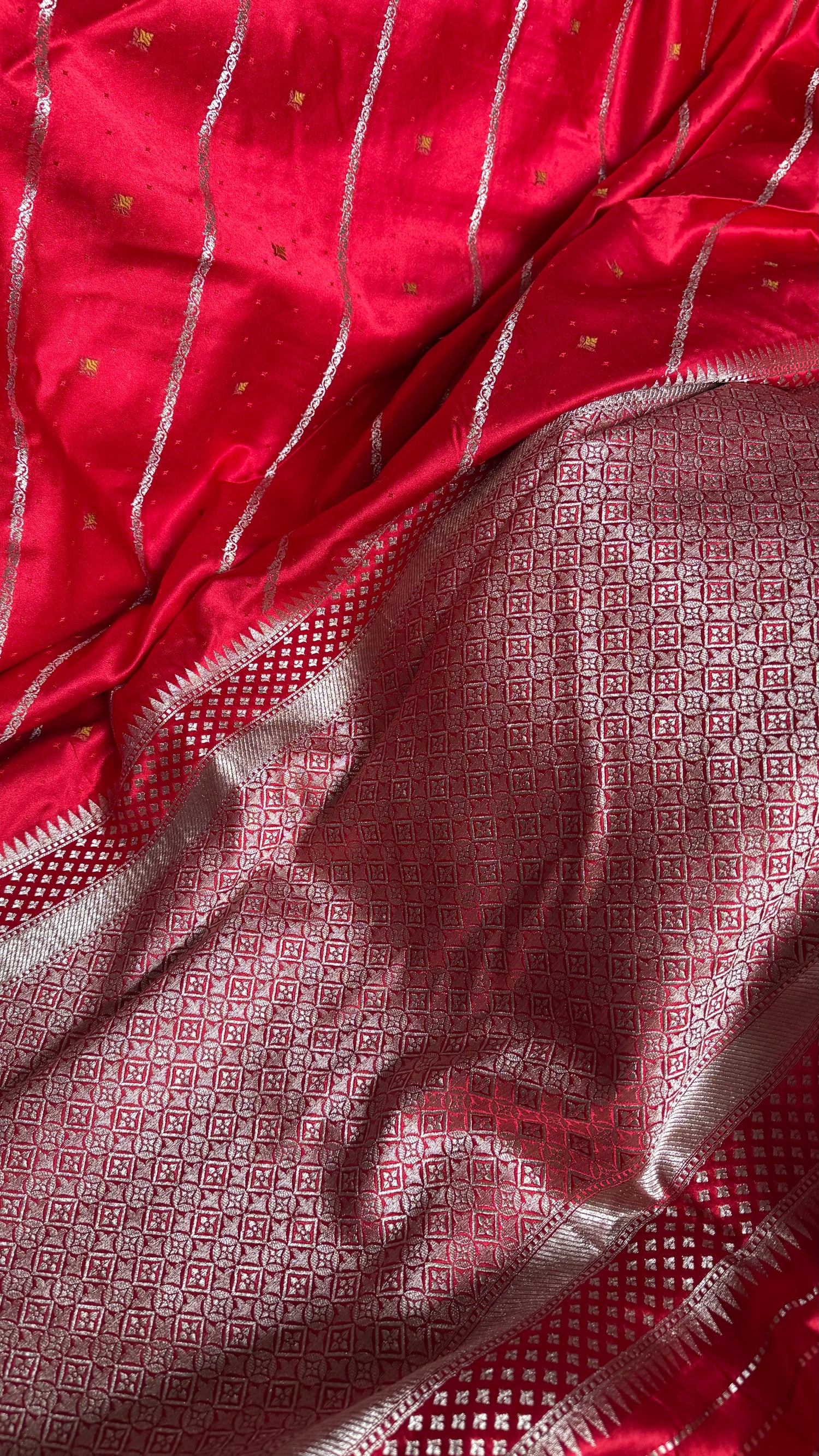 Bright Red Satin Mashru Banarasi Saree with Silver Zari Aada Stripes and Meena Detailing