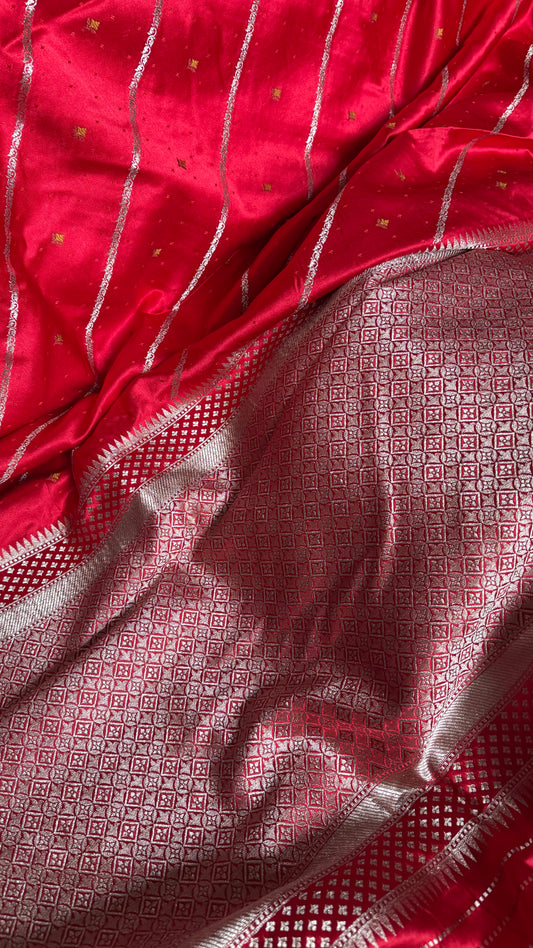 Bright Red Satin Mashru Banarasi Saree with Silver Zari Aada Stripes and Meena Detailing