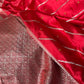 Bright Red Satin Mashru Banarasi Saree with Silver Zari Aada Stripes and Meena Detailing