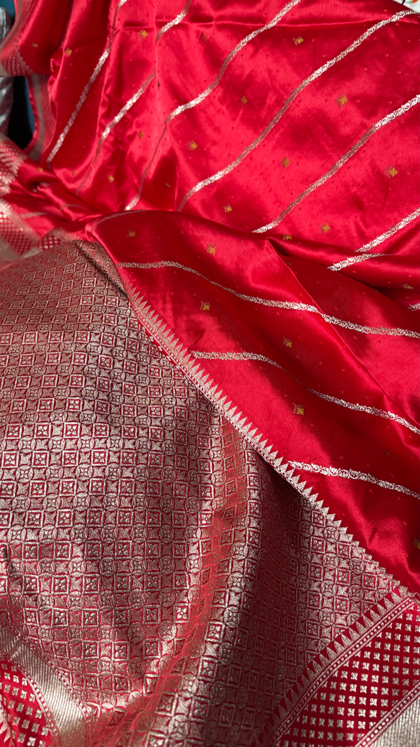 Bright Red Satin Mashru Banarasi Saree with Silver Zari Aada Stripes and Meena Detailing
