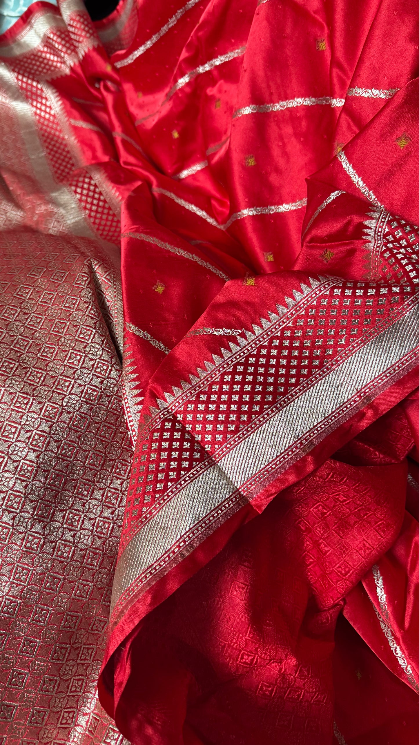 Bright Red Satin Mashru Banarasi Saree with Silver Zari Aada Stripes and Meena Detailing