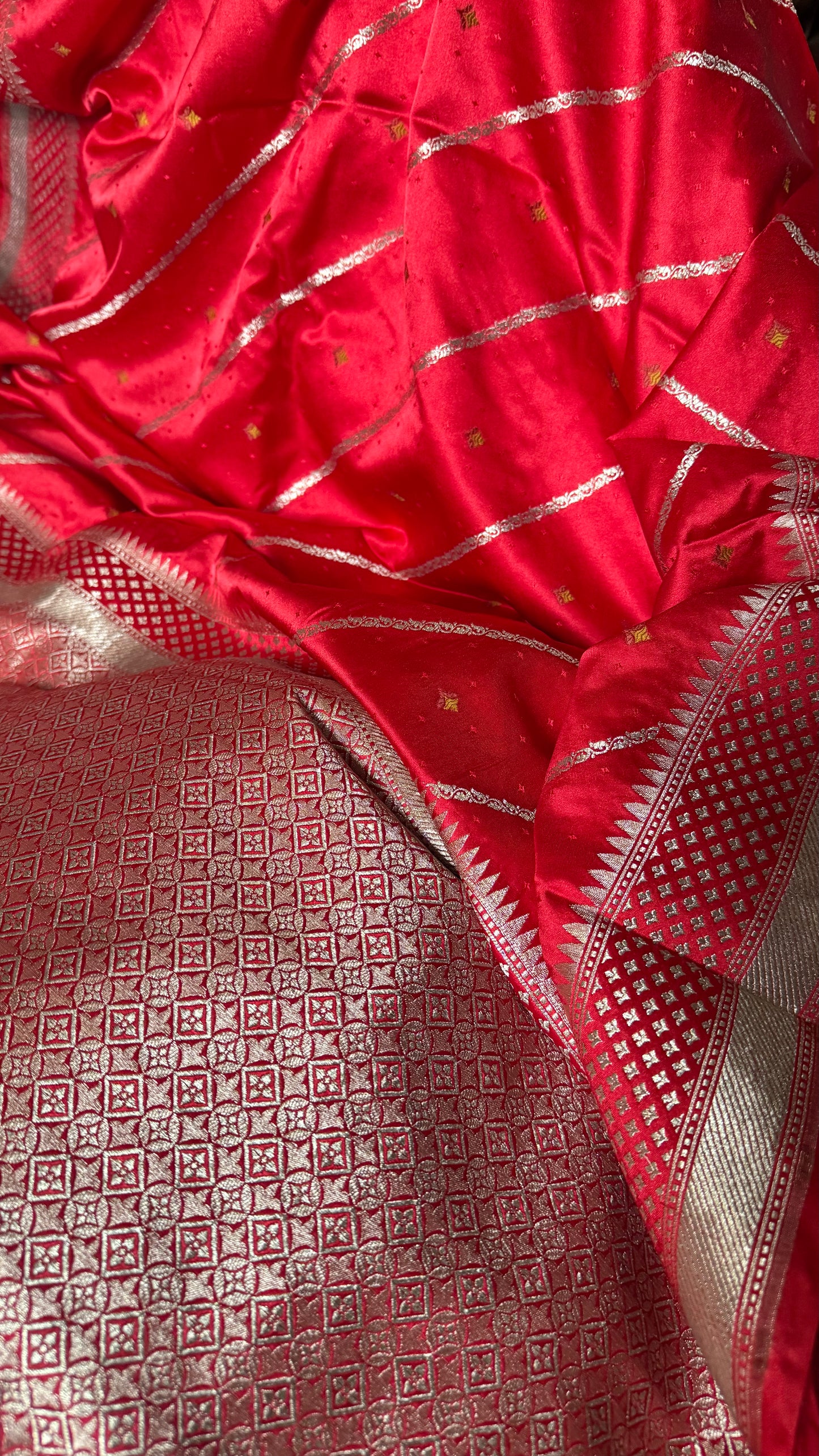 Bright Red Satin Mashru Banarasi Saree with Silver Zari Aada Stripes and Meena Detailing