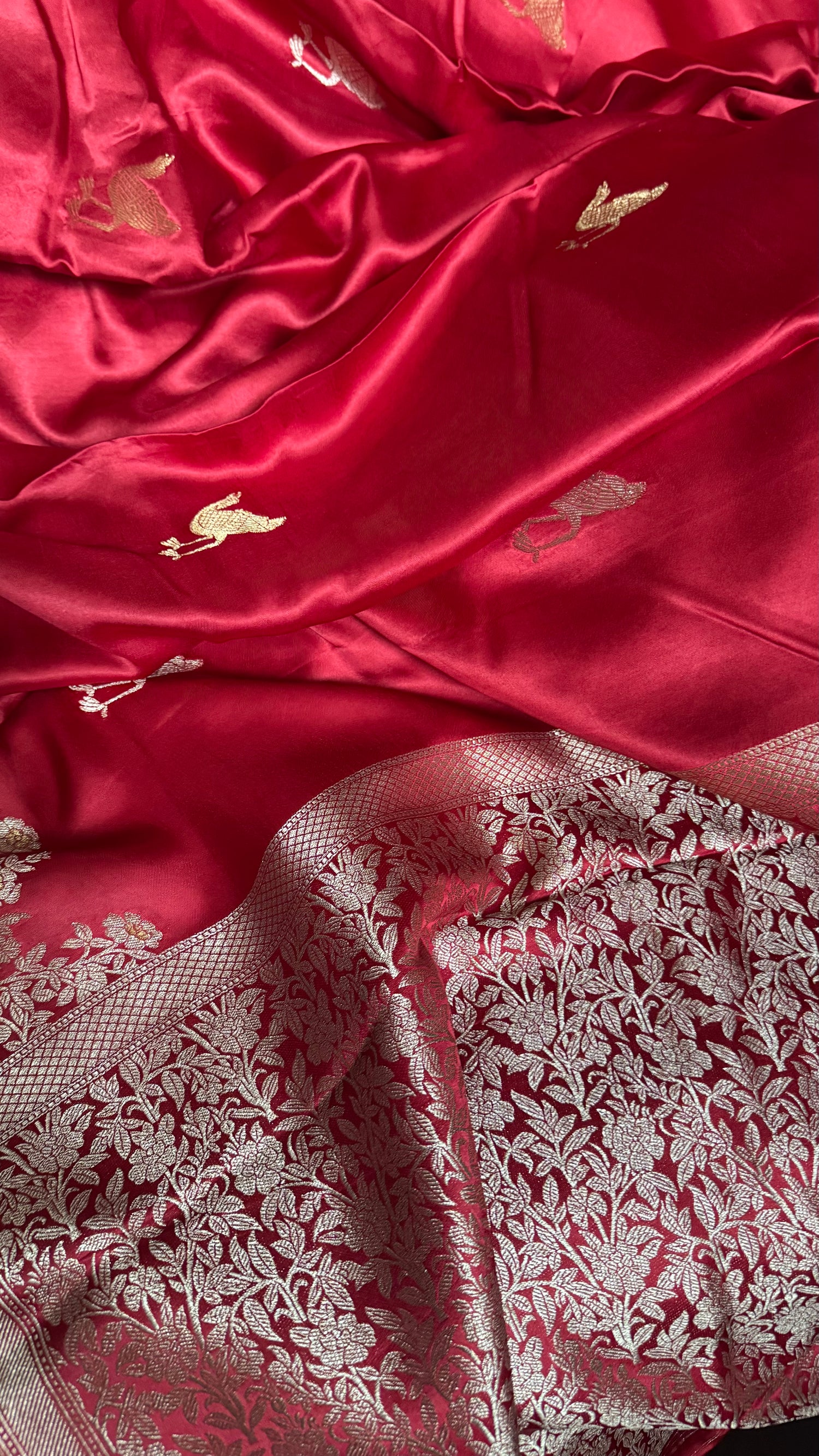 Deep Red Pure Satin Mashru Banarasi Saree with Sona Rupa Bird Motifs