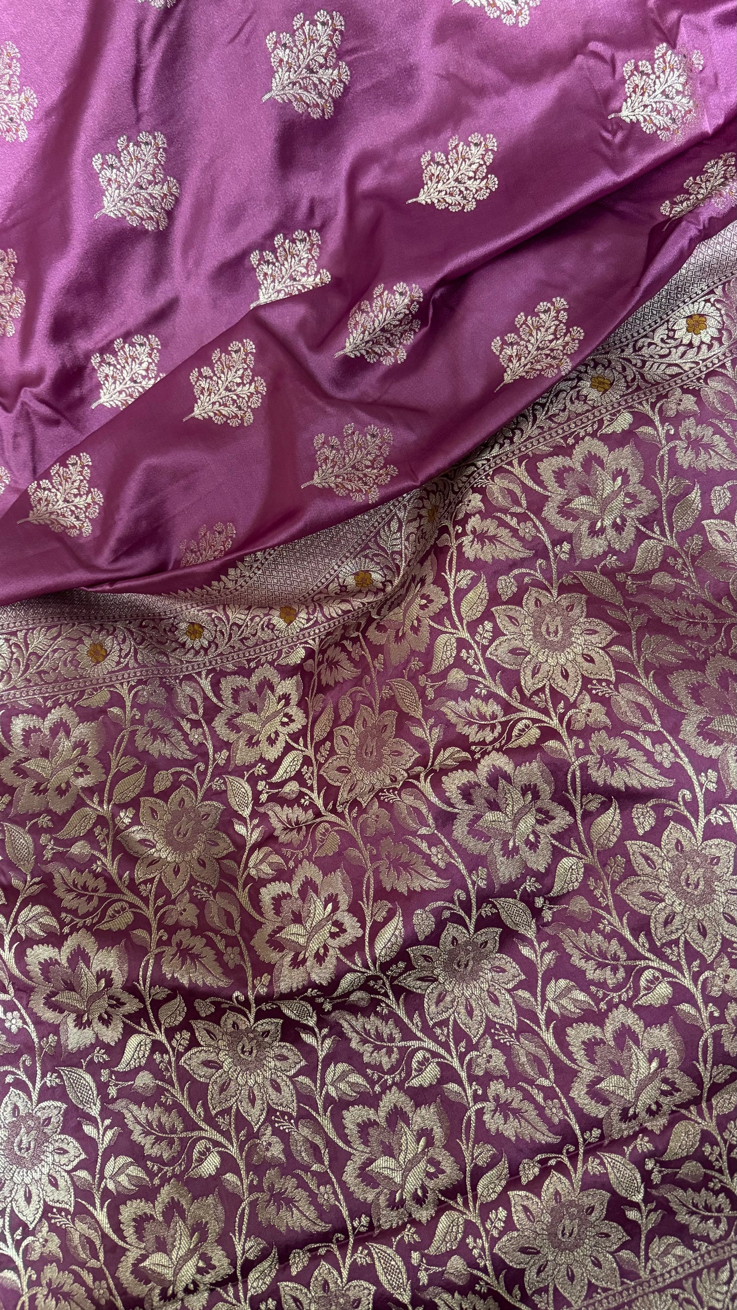 Lavender Purple Satin Mashru Banarasi Saree with Silver Zari and Meena Detailing