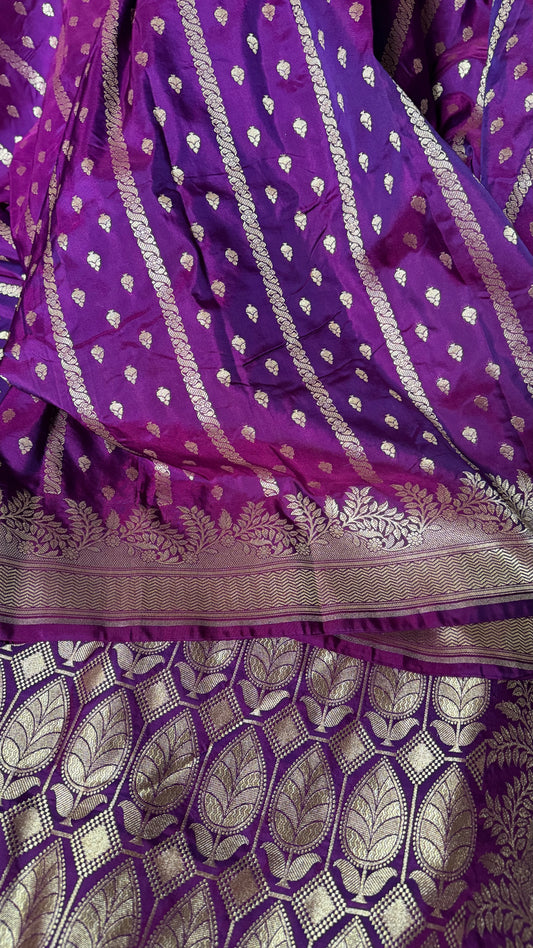 Deep Purple Organza Chiffon Saree with Silver Zari Stripes and Booties  Description