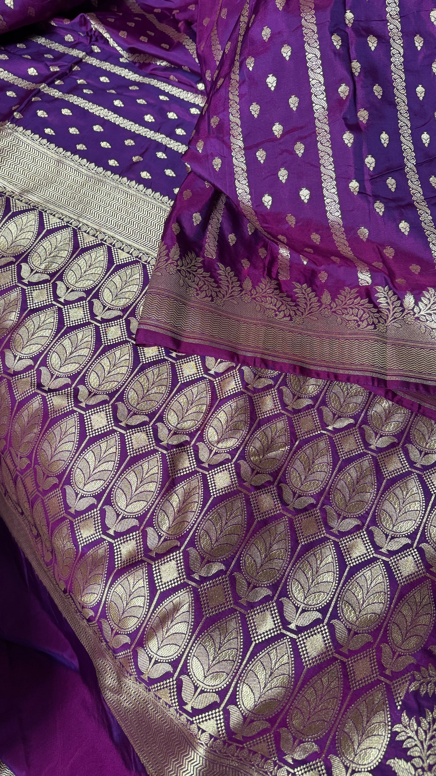 Deep Purple Organza Chiffon Saree with Silver Zari Stripes and Booties  Description