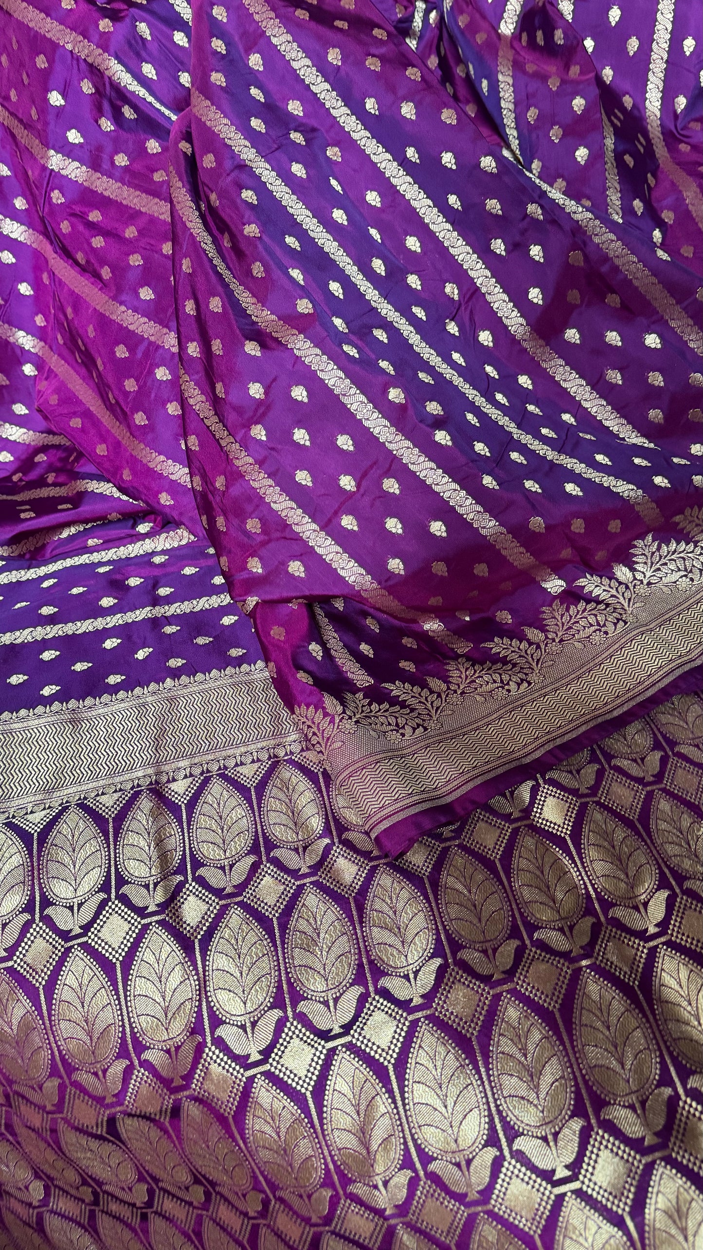 Deep Purple Organza Chiffon Saree with Silver Zari Stripes and Booties  Description