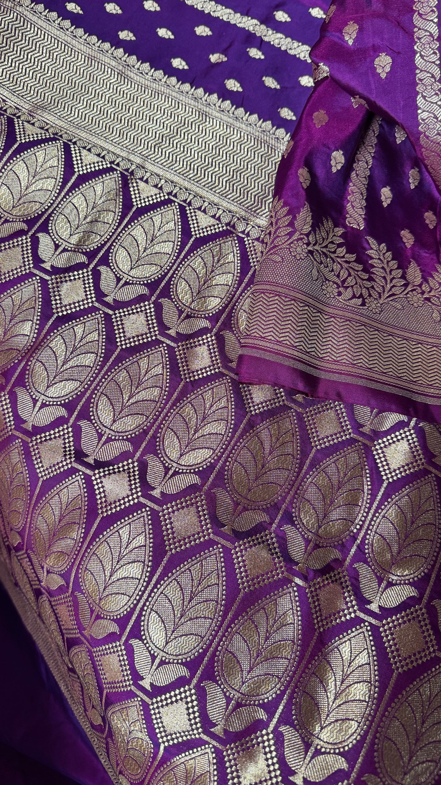 Deep Purple Organza Chiffon Saree with Silver Zari Stripes and Booties  Description