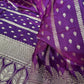 Deep Purple Organza Chiffon Saree with Silver Zari Stripes and Booties  Description