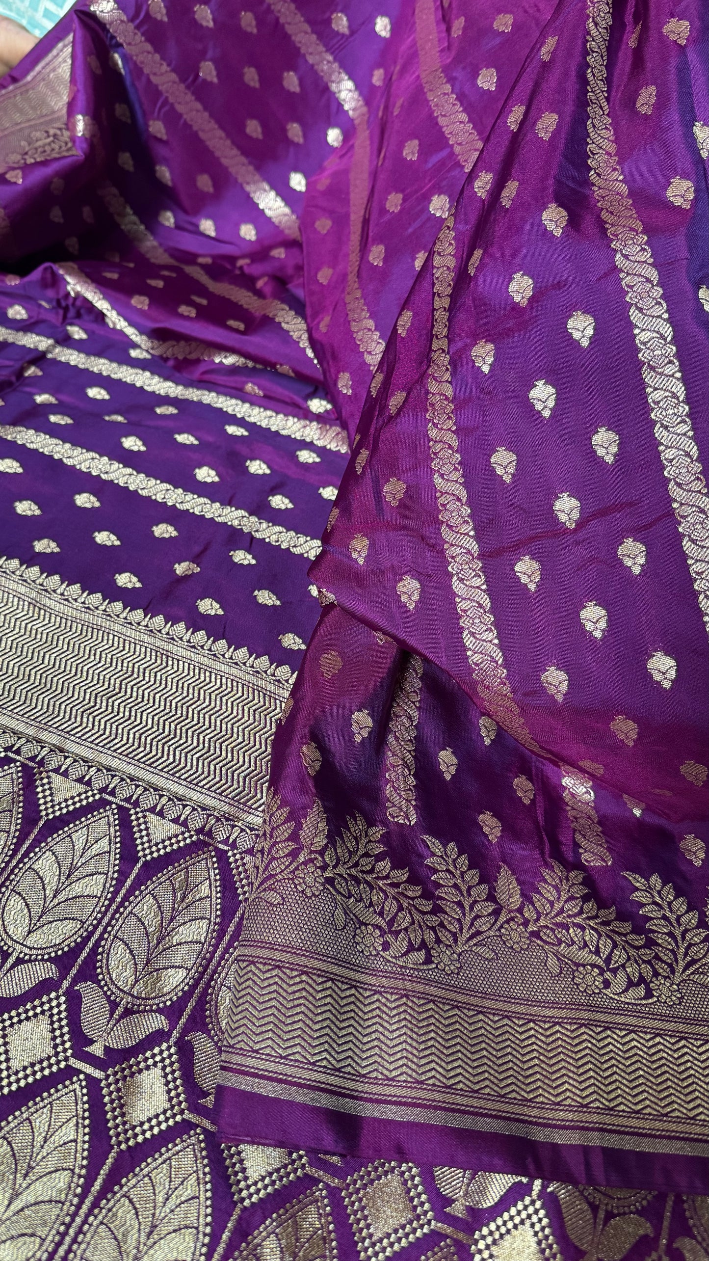 Deep Purple Organza Chiffon Saree with Silver Zari Stripes and Booties  Description