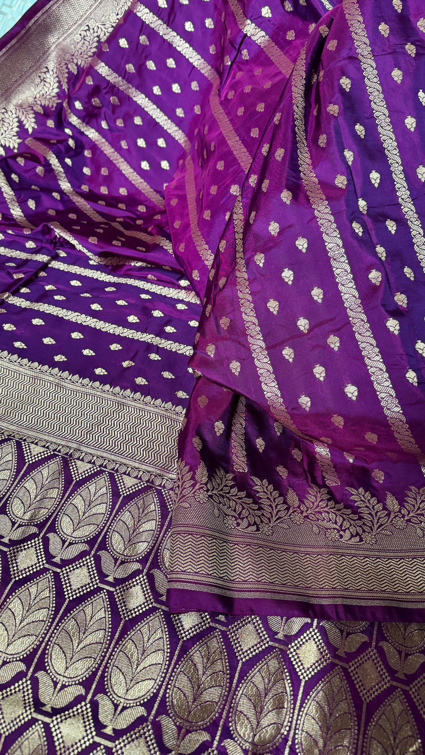 Deep Purple Organza Chiffon Saree with Silver Zari Stripes and Booties  Description