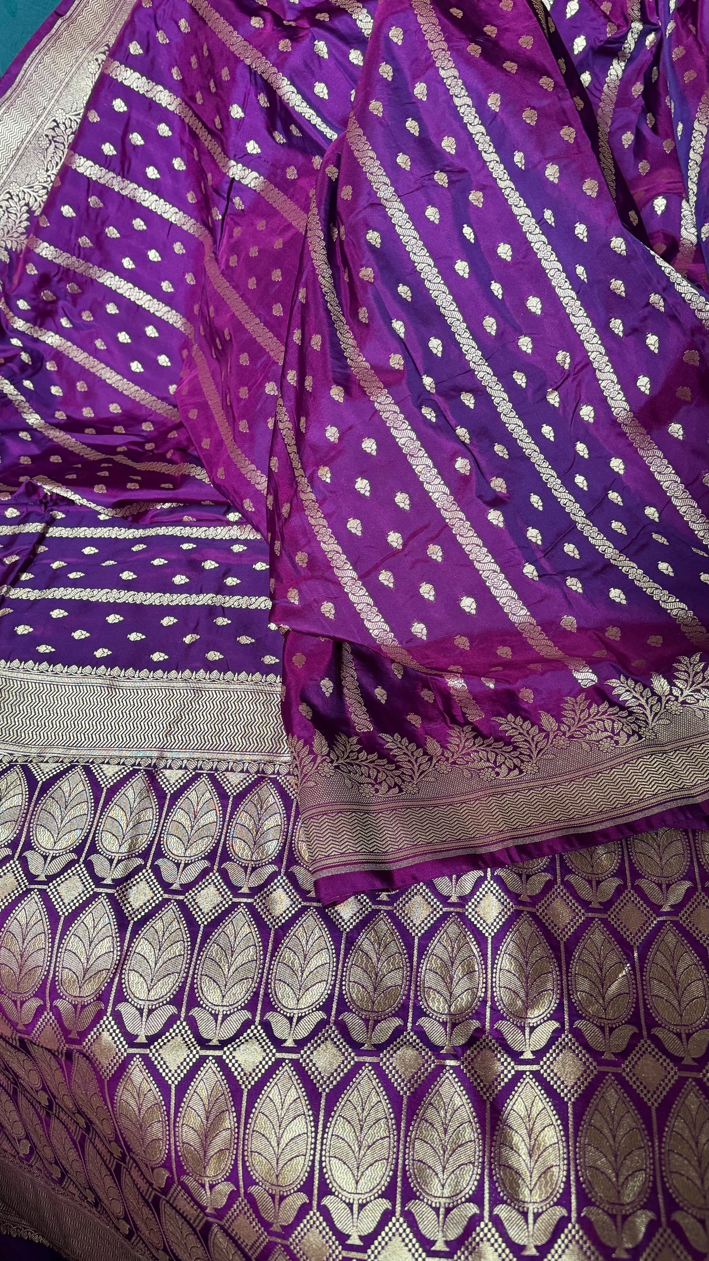 Deep Purple Organza Chiffon Saree with Silver Zari Stripes and Booties  Description