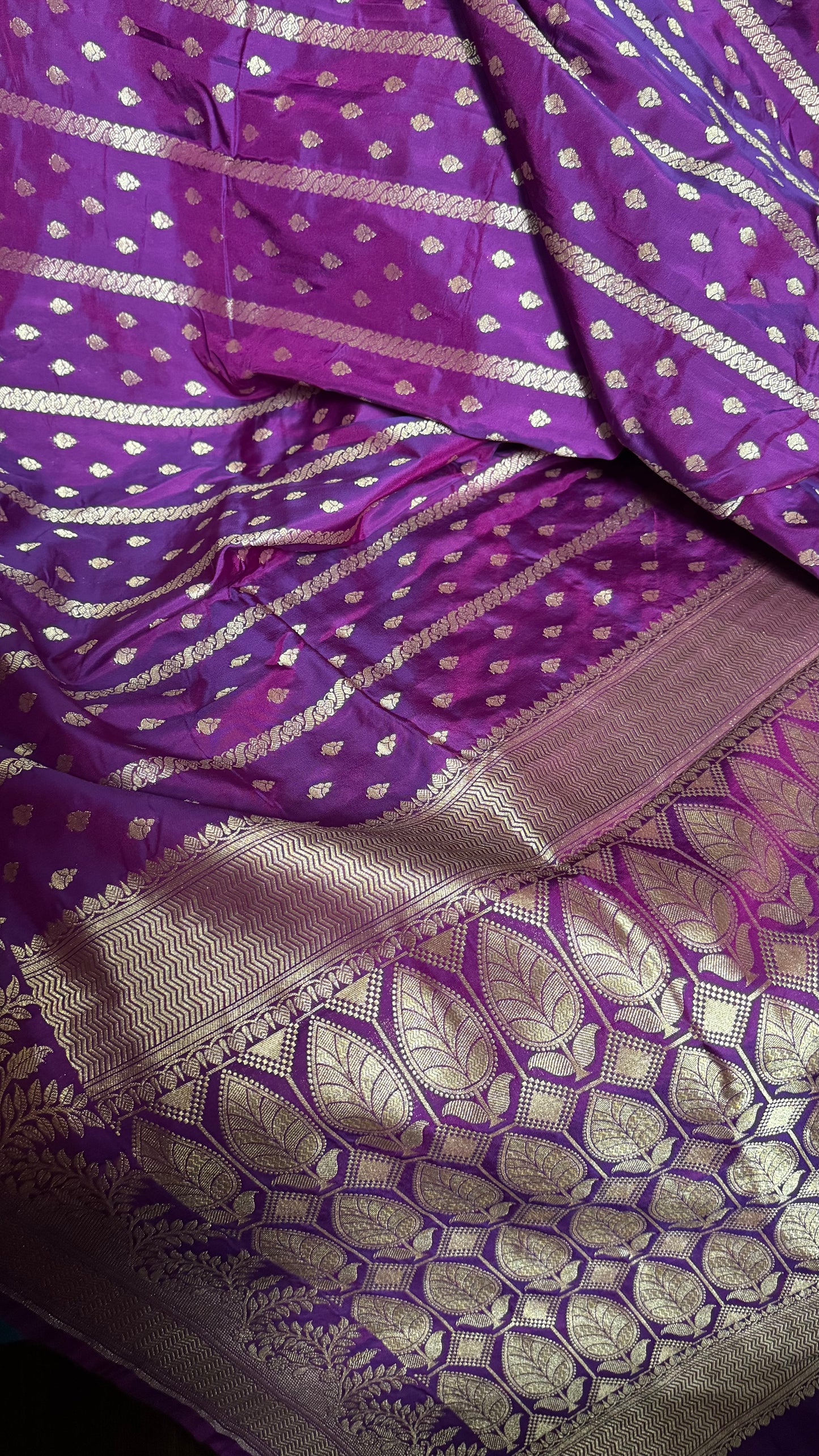 Deep Purple Organza Chiffon Saree with Silver Zari Stripes and Booties  Description
