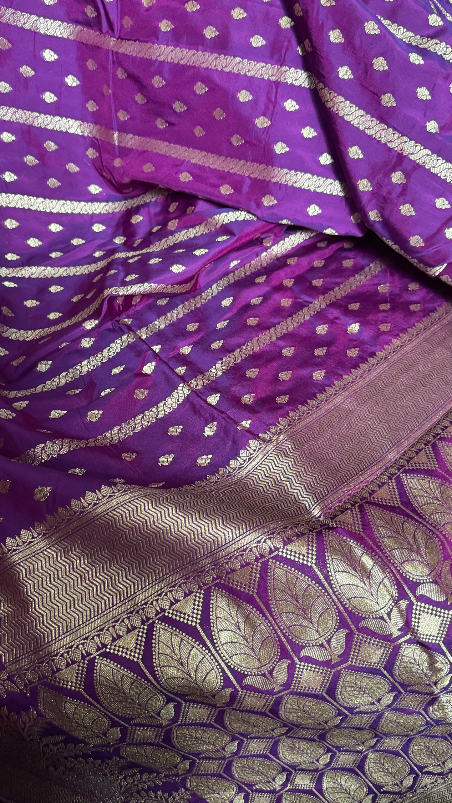 Deep Purple Organza Chiffon Saree with Silver Zari Stripes and Booties  Description