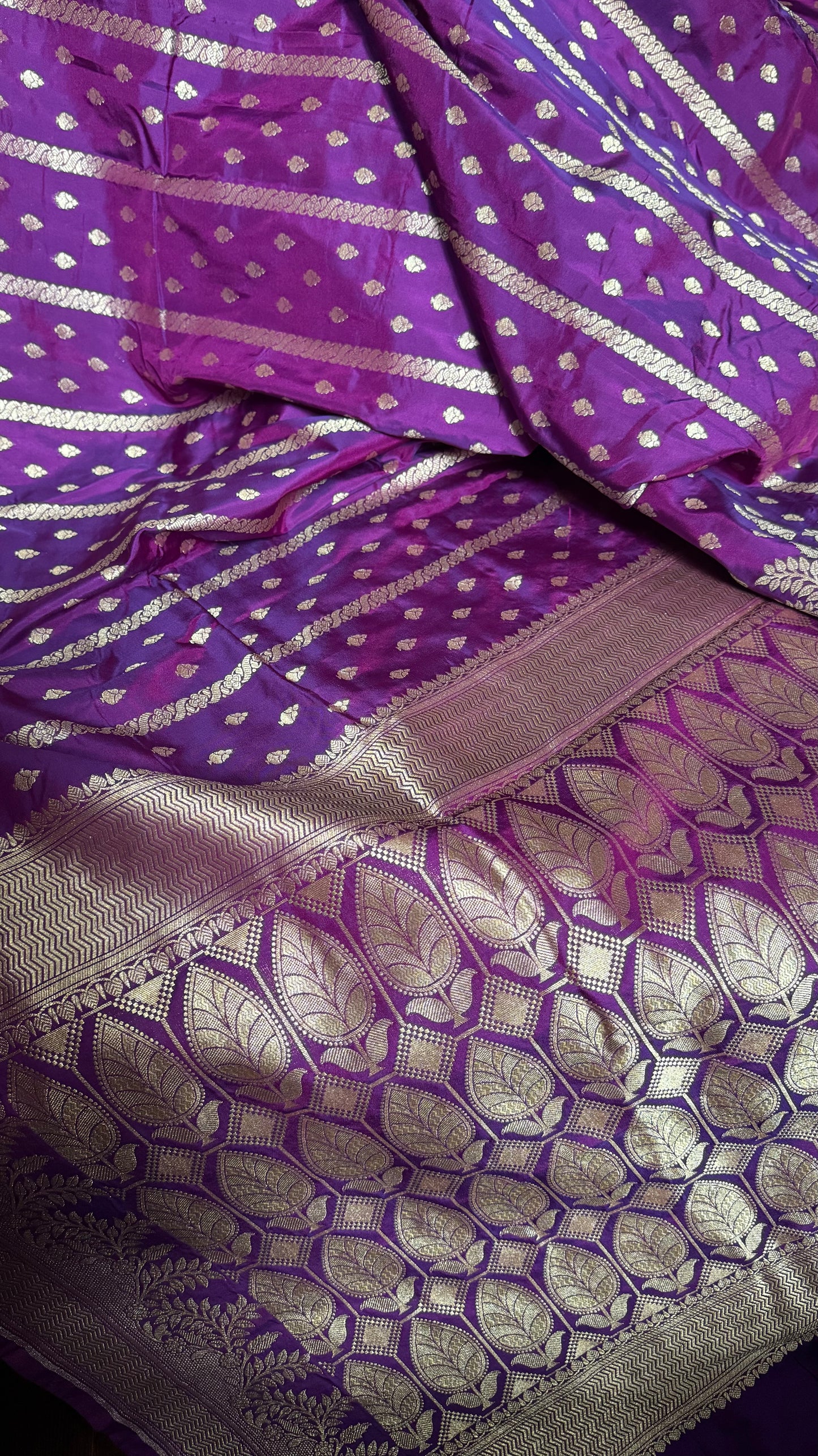 Deep Purple Organza Chiffon Saree with Silver Zari Stripes and Booties  Description