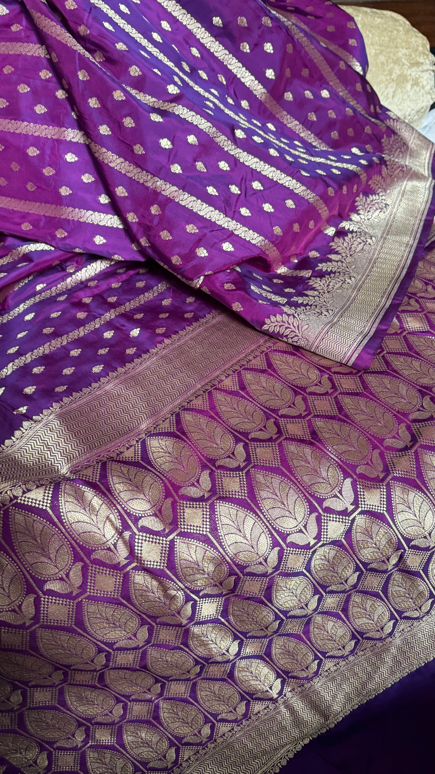 Deep Purple Organza Chiffon Saree with Silver Zari Stripes and Booties  Description