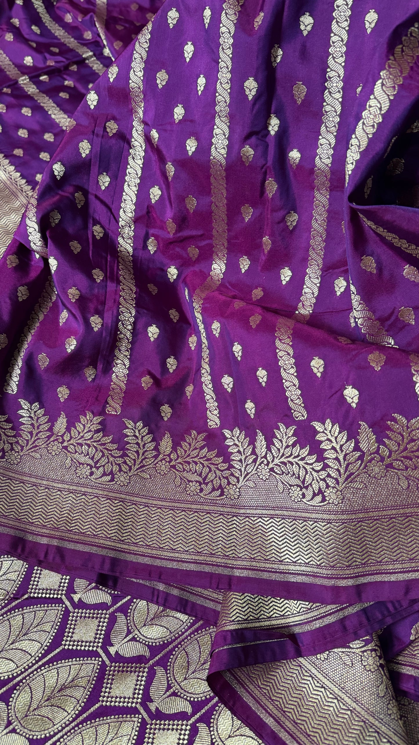 Deep Purple Organza Chiffon Saree with Silver Zari Stripes and Booties  Description