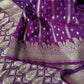 Deep Purple Organza Chiffon Saree with Silver Zari Stripes and Booties  Description