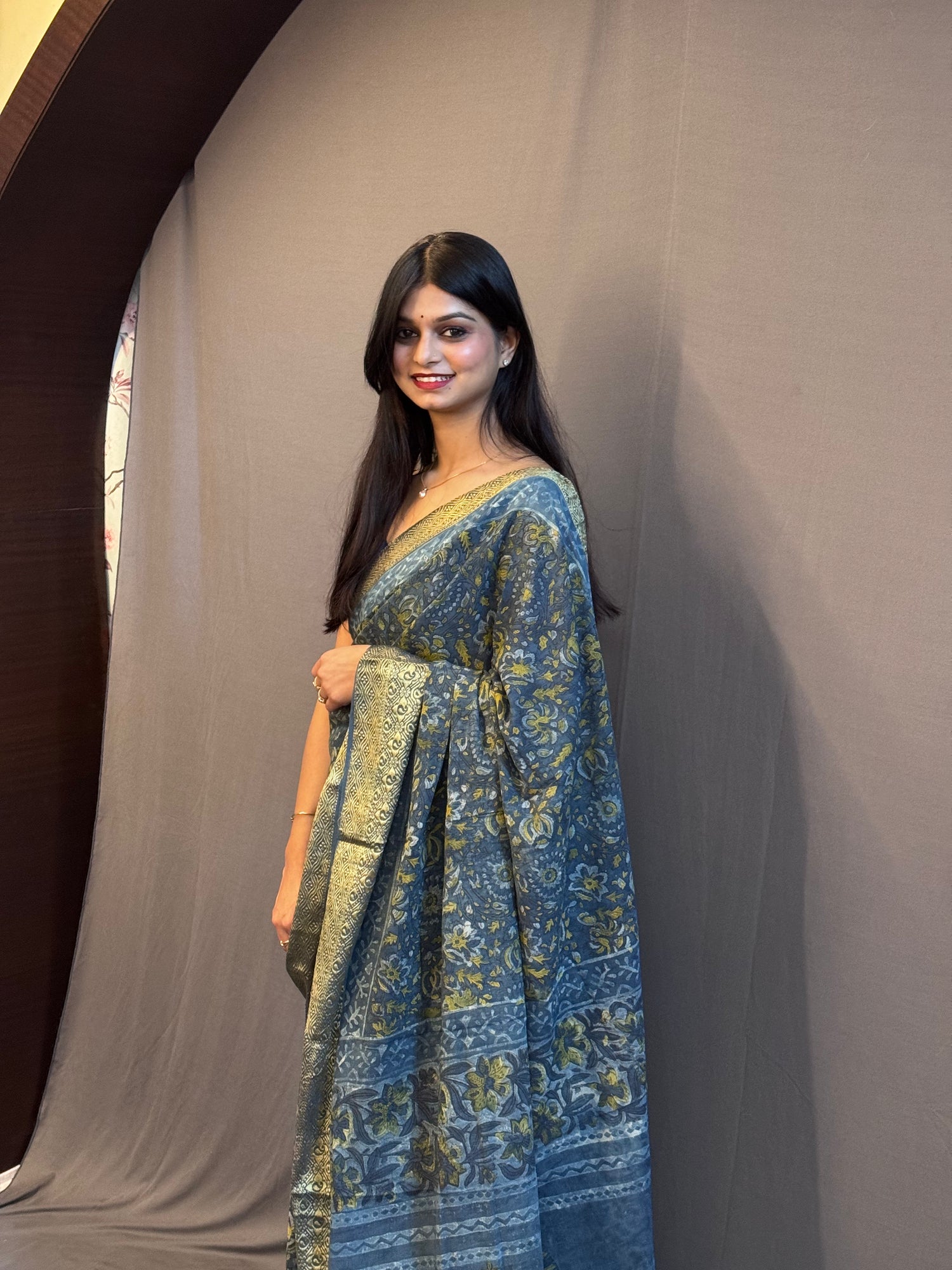 Earthy Blue Mustard Bagru Hand Block Printed Mul Cotton Saree
