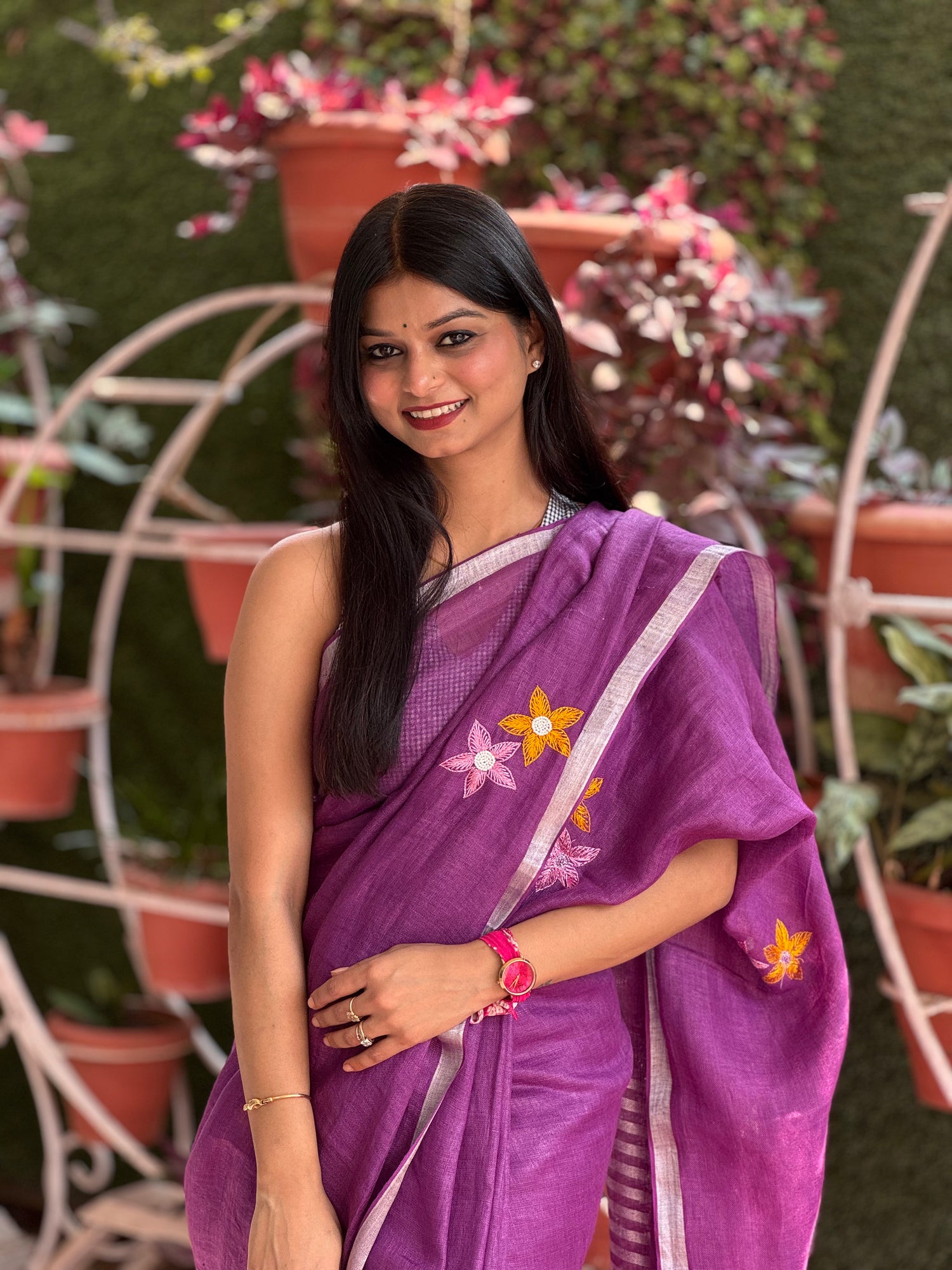 Purple Floral Pure Linen Saree