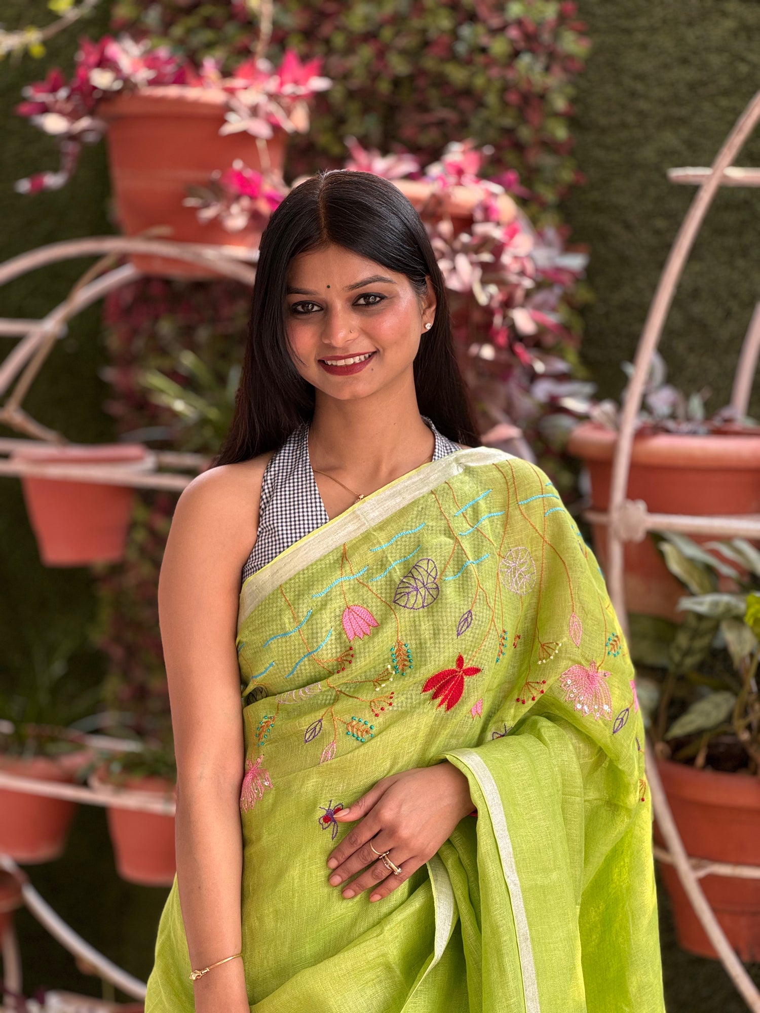Parrot Green Pure Linen Saree