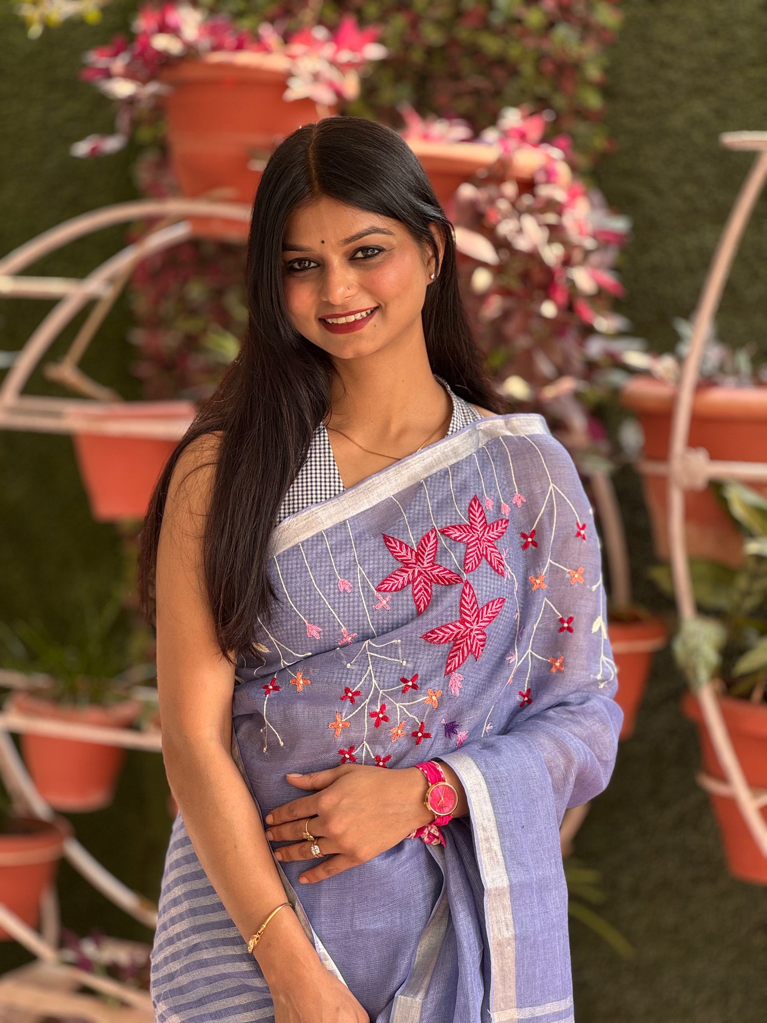 Smoky Periwinkle Pure Linen Saree