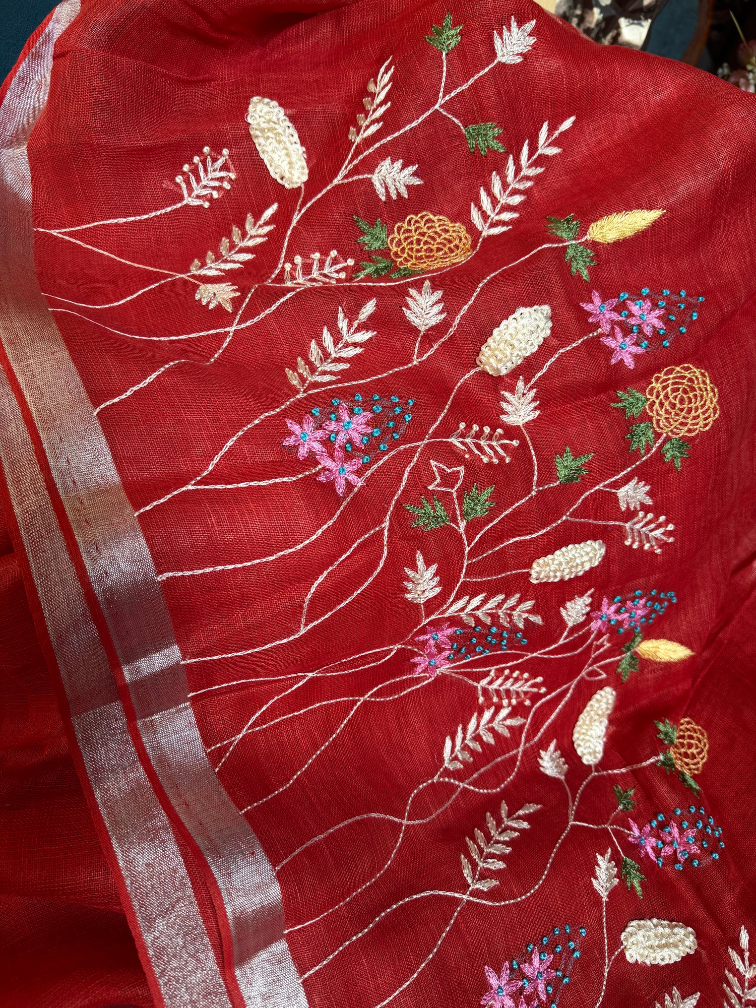 Saffron Rust Pure Linen Saree