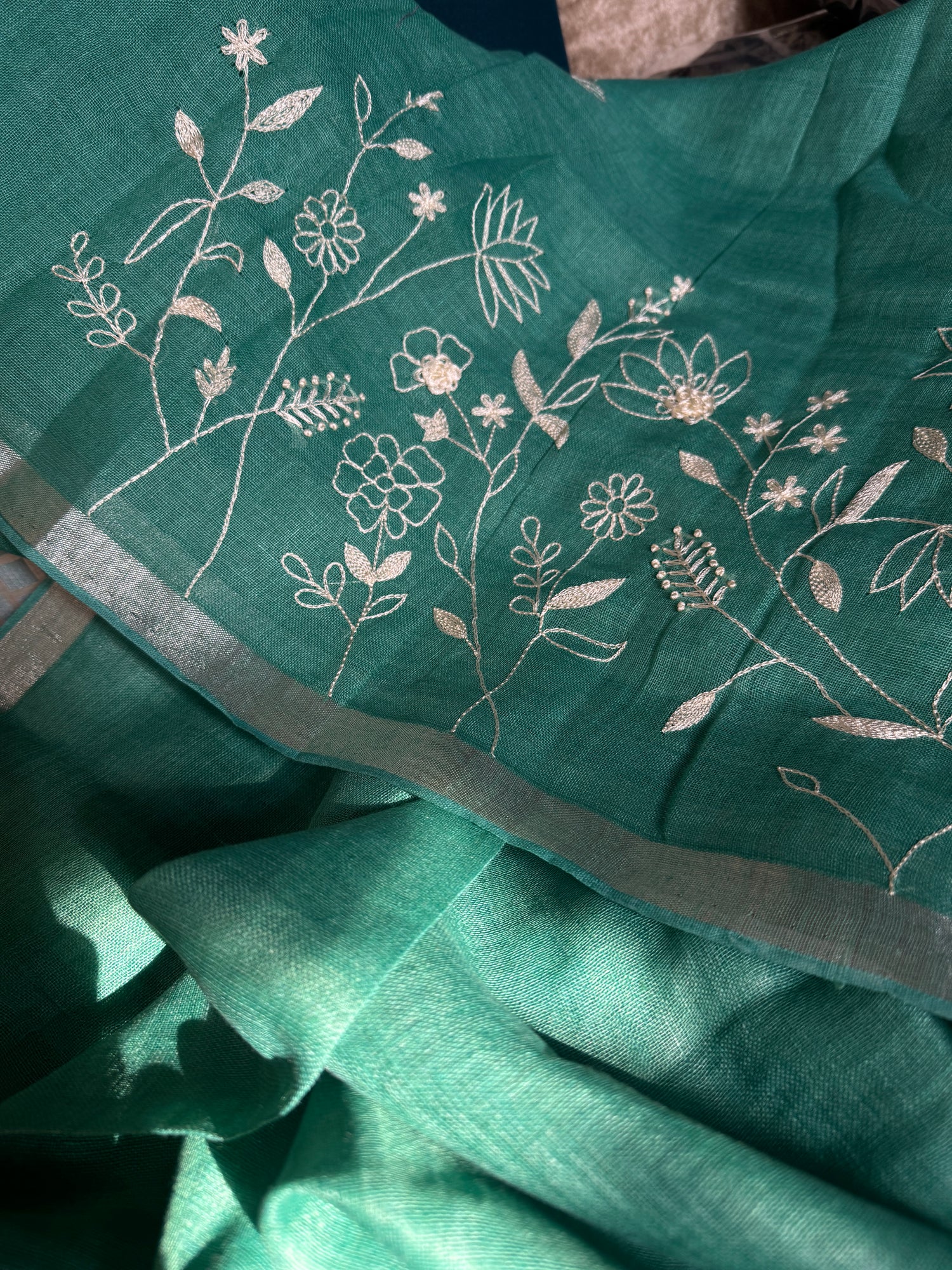 Fern Green Pure Linen Saree