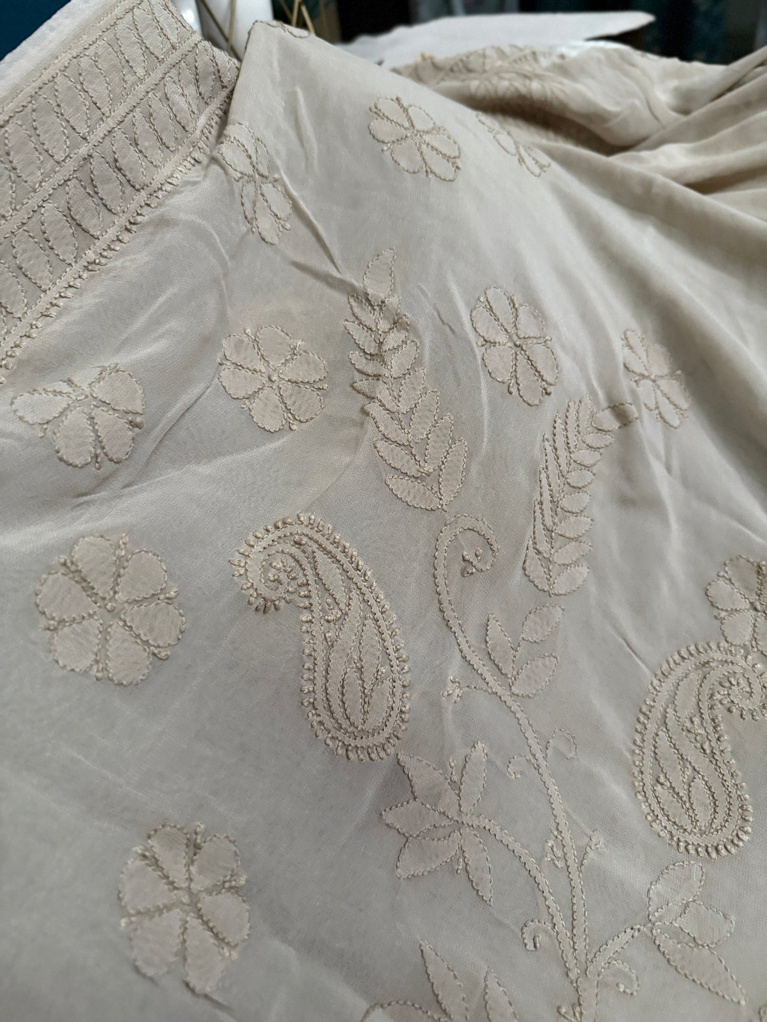 Warm Beige Lucknowi Threadwork Georgette Saree