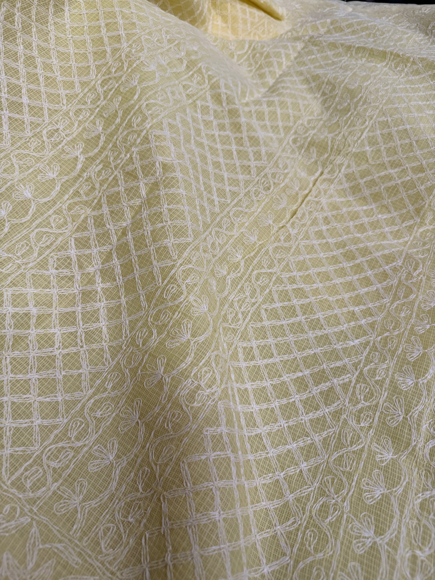 Lemon Yellow Lucknowi Tepchi Work Kota Cotton Saree
