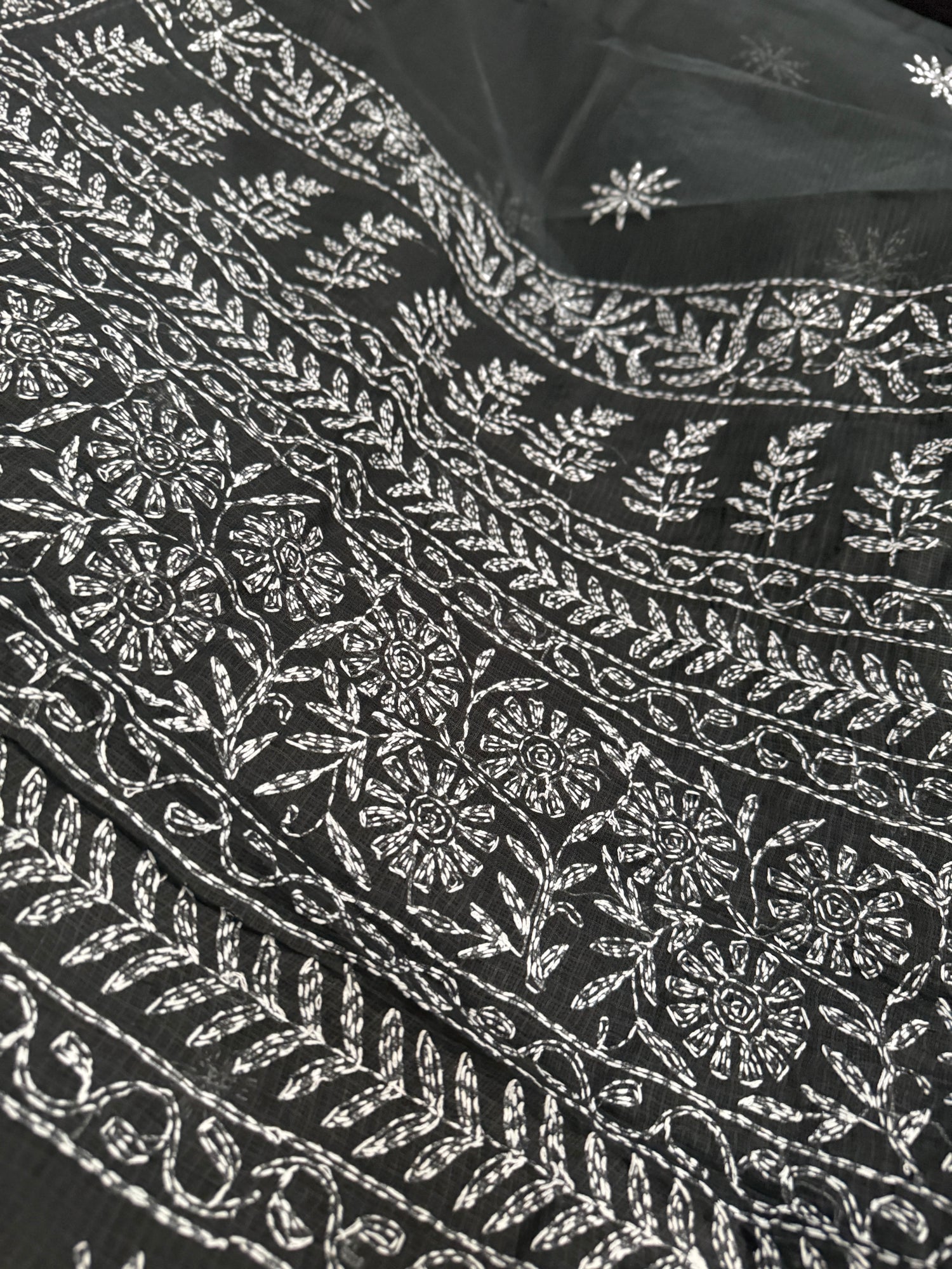 Black Lucknowi Tepchi Work Kota Cotton Saree