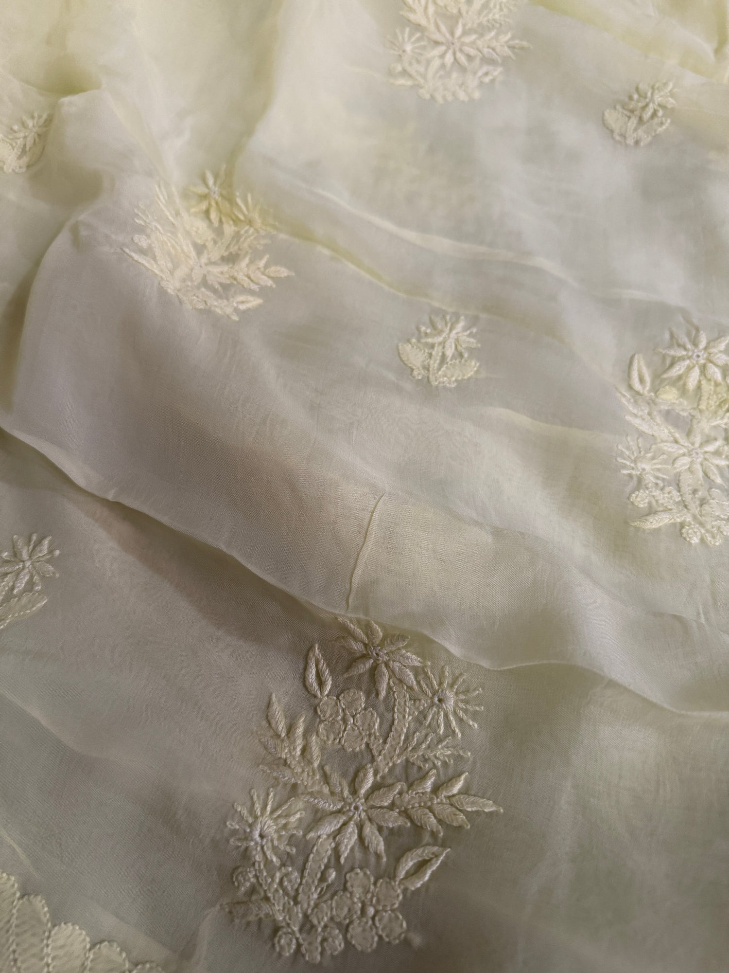 Neon Yellow Lucknowi Threadwork Satin Organza Saree