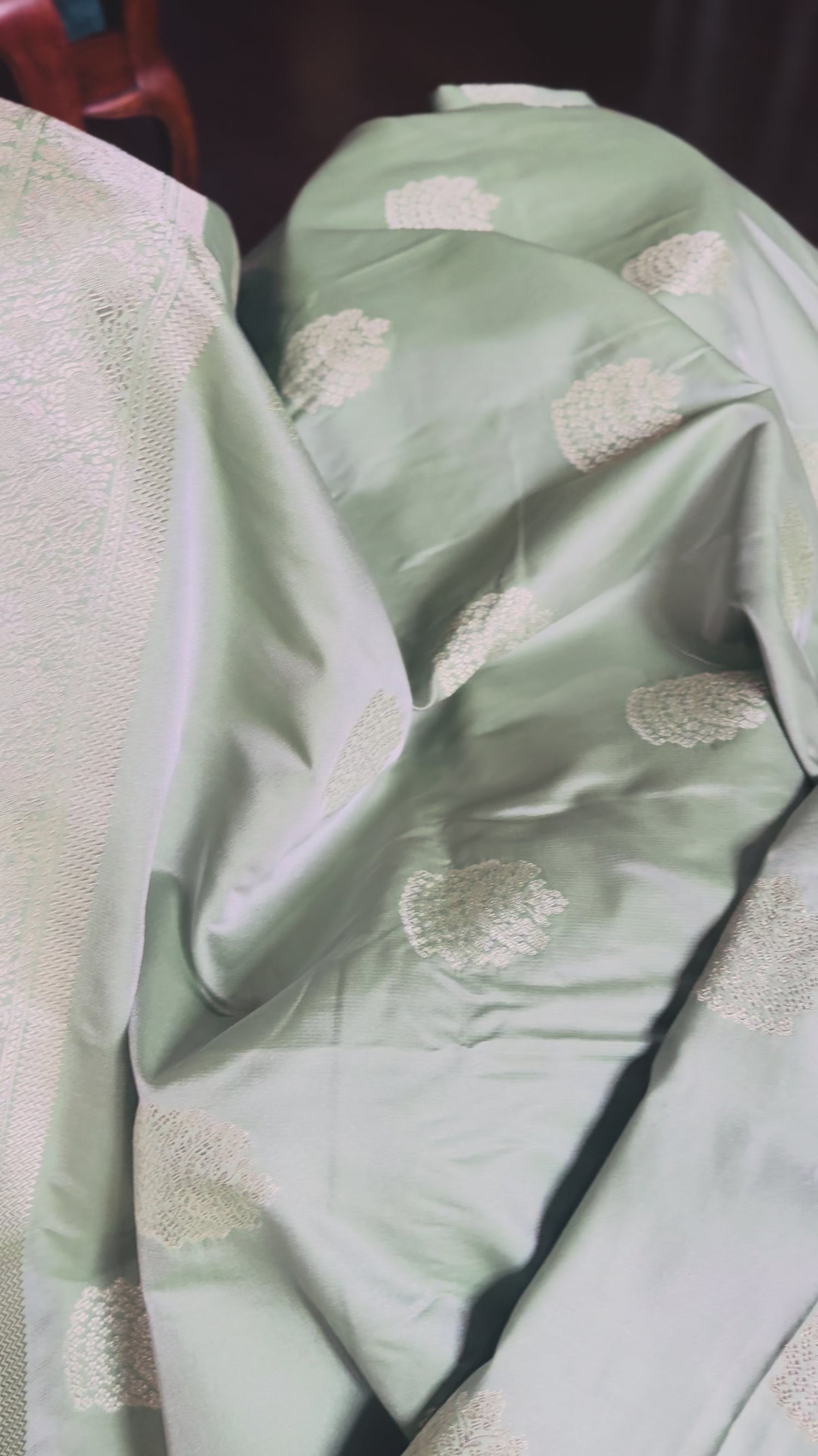 Celadon Green Banarasi Saree with Silver Zari Jhumka Motifs